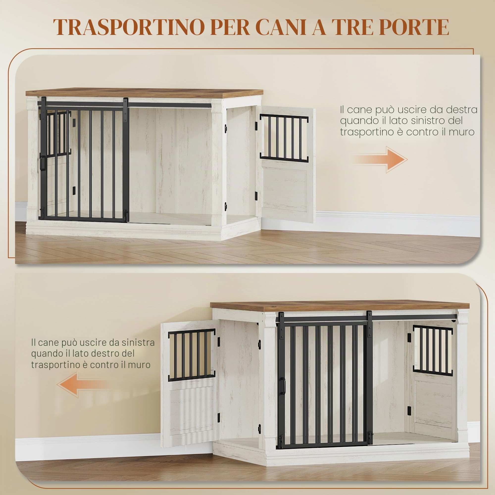 HEXCELEN 101cm Gabbia per Cani, Kennel Cane con Porta Scorrevole, 3 Porte, Tavolo Supplemento, Nicchia Moderna per Cani, Anti-Morso e Anti-Fuga, 101 x 60,5 x 70 cm, Bianco e Marrone, Moderna