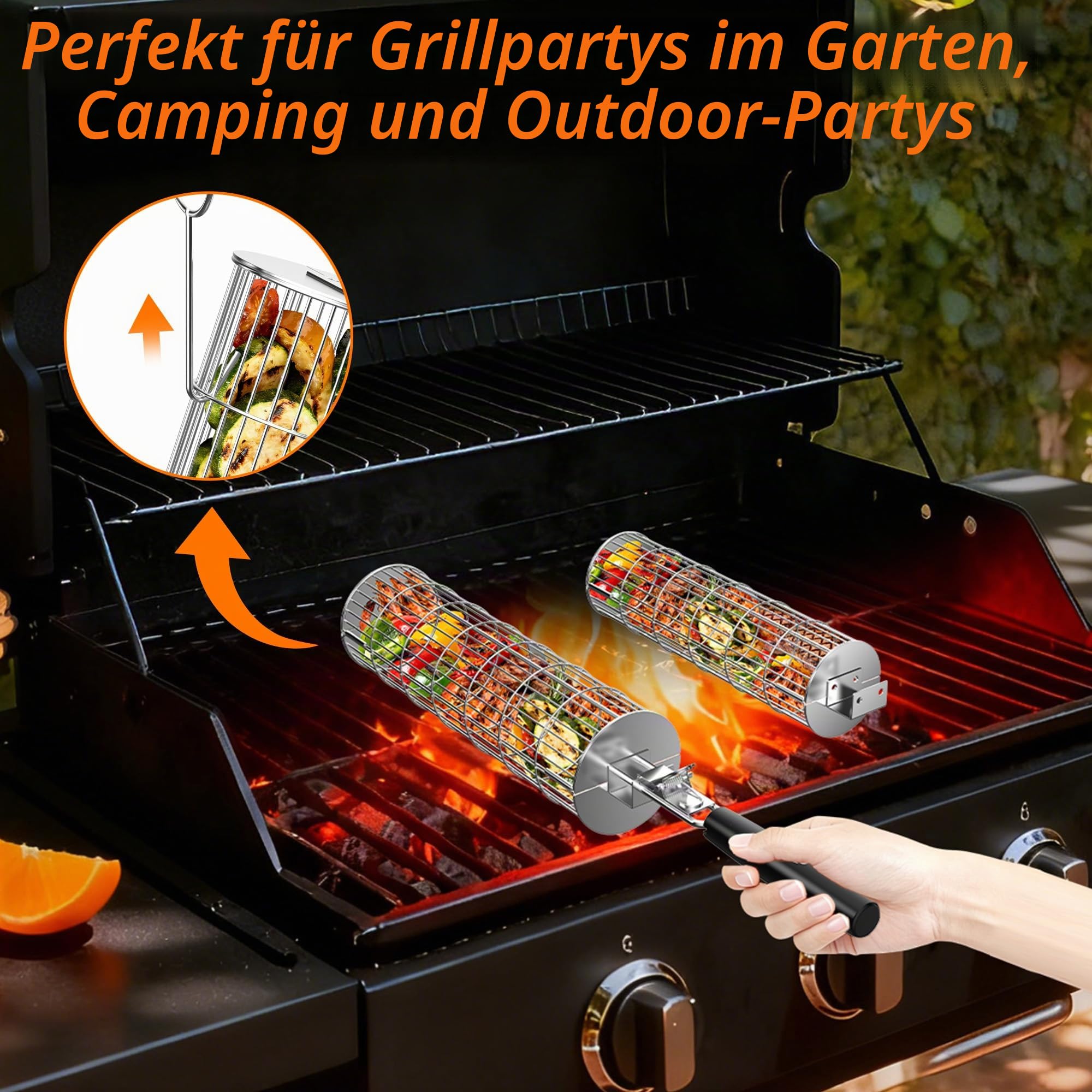 Rollender Grillkorb mit 1 Abnehmbarem Holzgriff, 2-teiliges Set Nestbar Edelstahl-Grillkörbe, Grill Zubehör Grillzubehör für Grillkorb Gemüse, Fisch, Meeresfrüchte, Geschenkidee für Männer, Väter