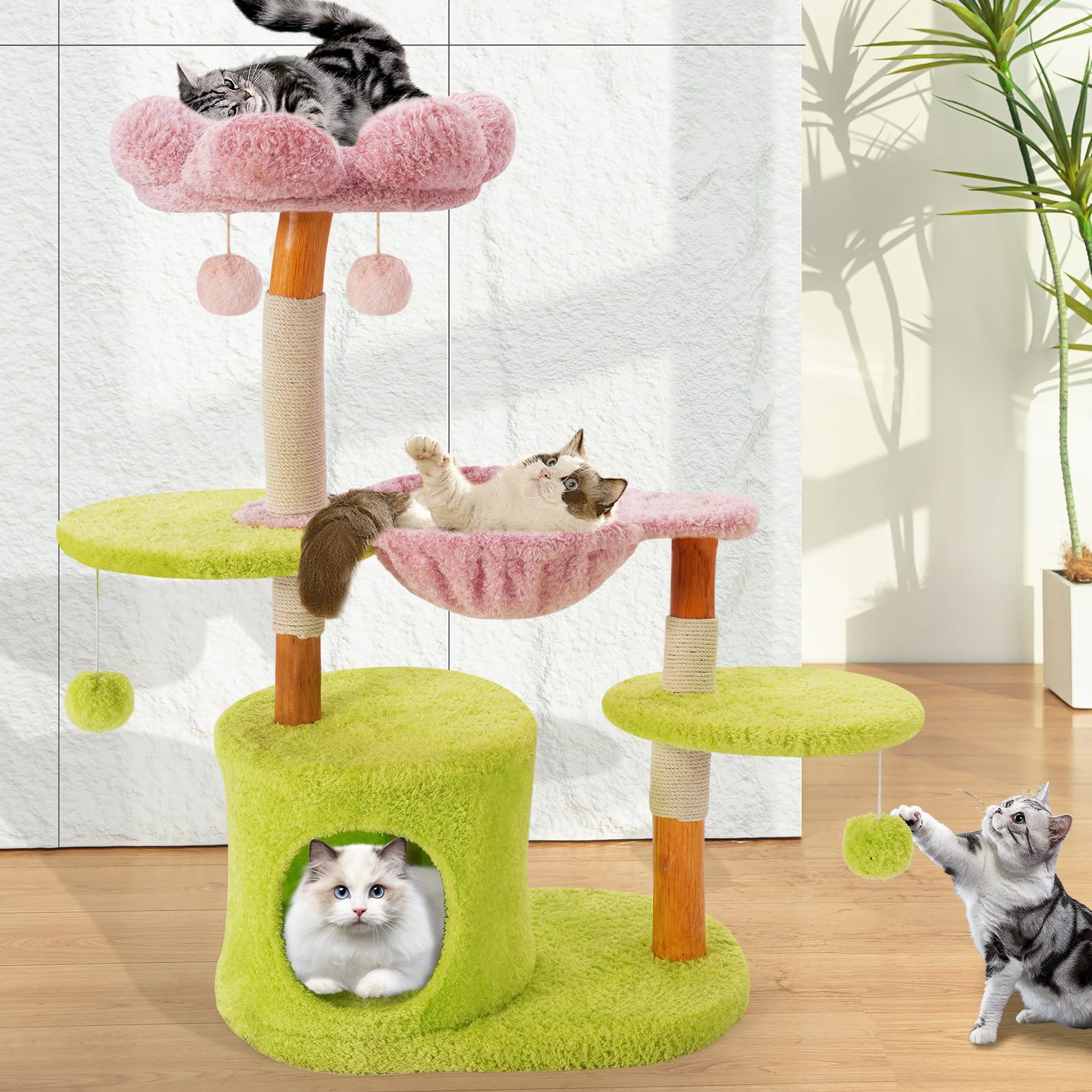 Photo 1 of Large Cat Tree for Indoor Cats Large Adult, Cats Climbing Tower with Scratching Post, Cat Condo, Green Wood Cats Tree with cat Hammock, Flower Cat Trees, Modern Cat Tree with Dangling Ball (Green)