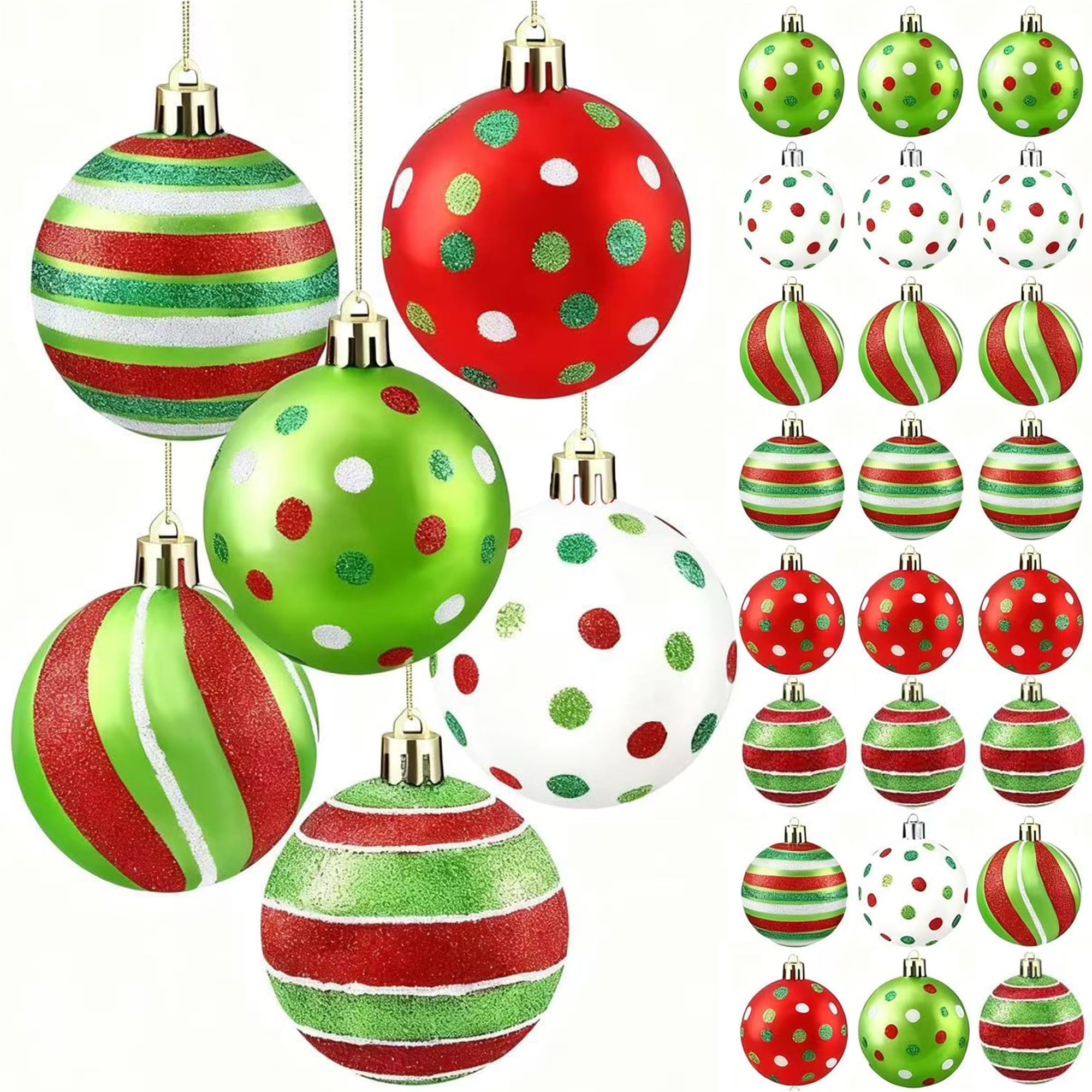 24 Stück Weihnachtsschmuck 6,1 cm – schillernde, bruchsichere Weihnachtsbaumkugeln, reichlich rot/grün/weiß, vorgebundene Weihnachtskugeln, hängende Ornamente für Feiertage, große Bäume