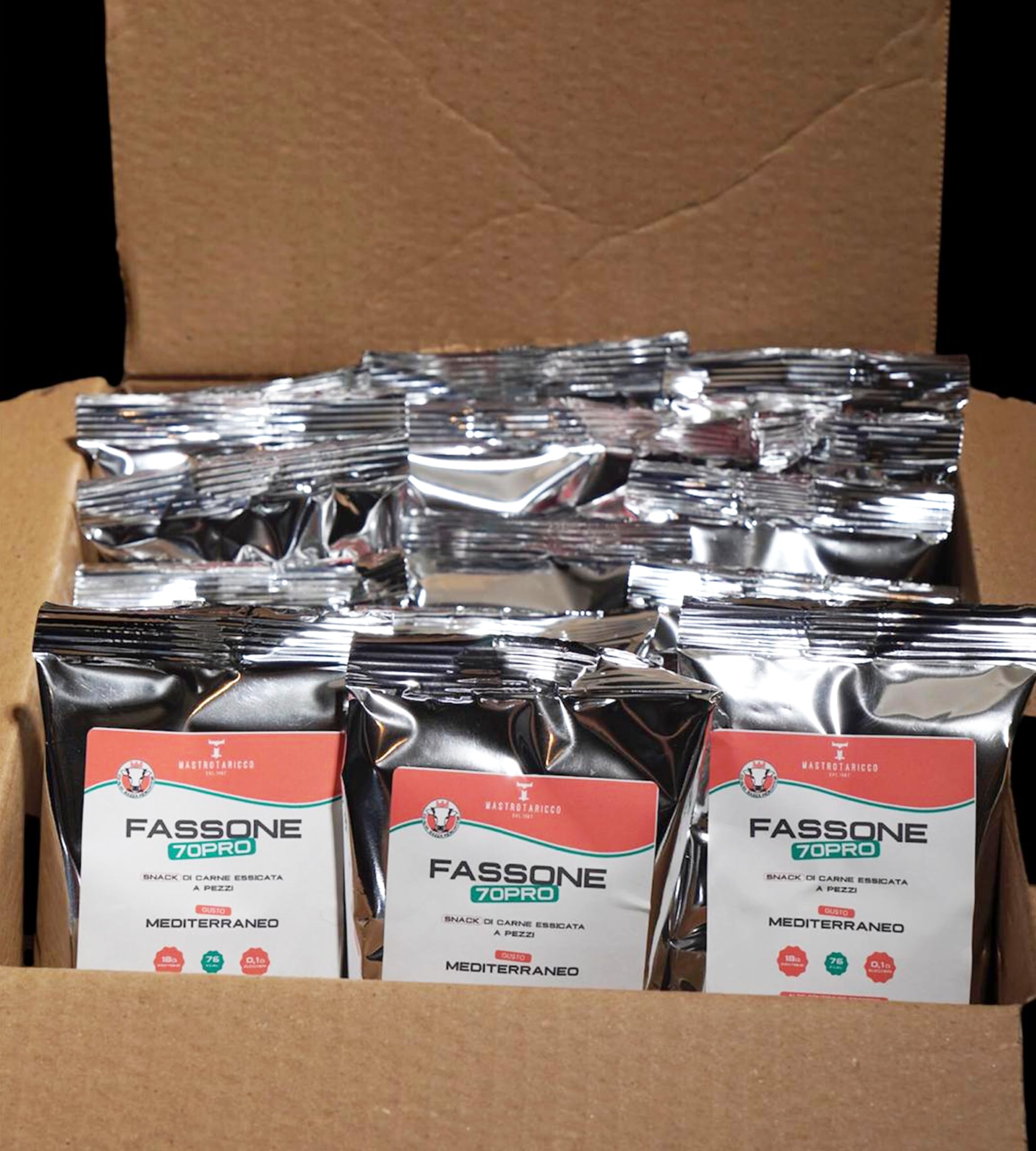 Fassone70pro Beef jerky, carne secca per umani con 70% di proteine naturali, snack proteici a base di carne essiccata per sportivi, beef protein proteine senza lattosio. (Pack da 10 confezioni)