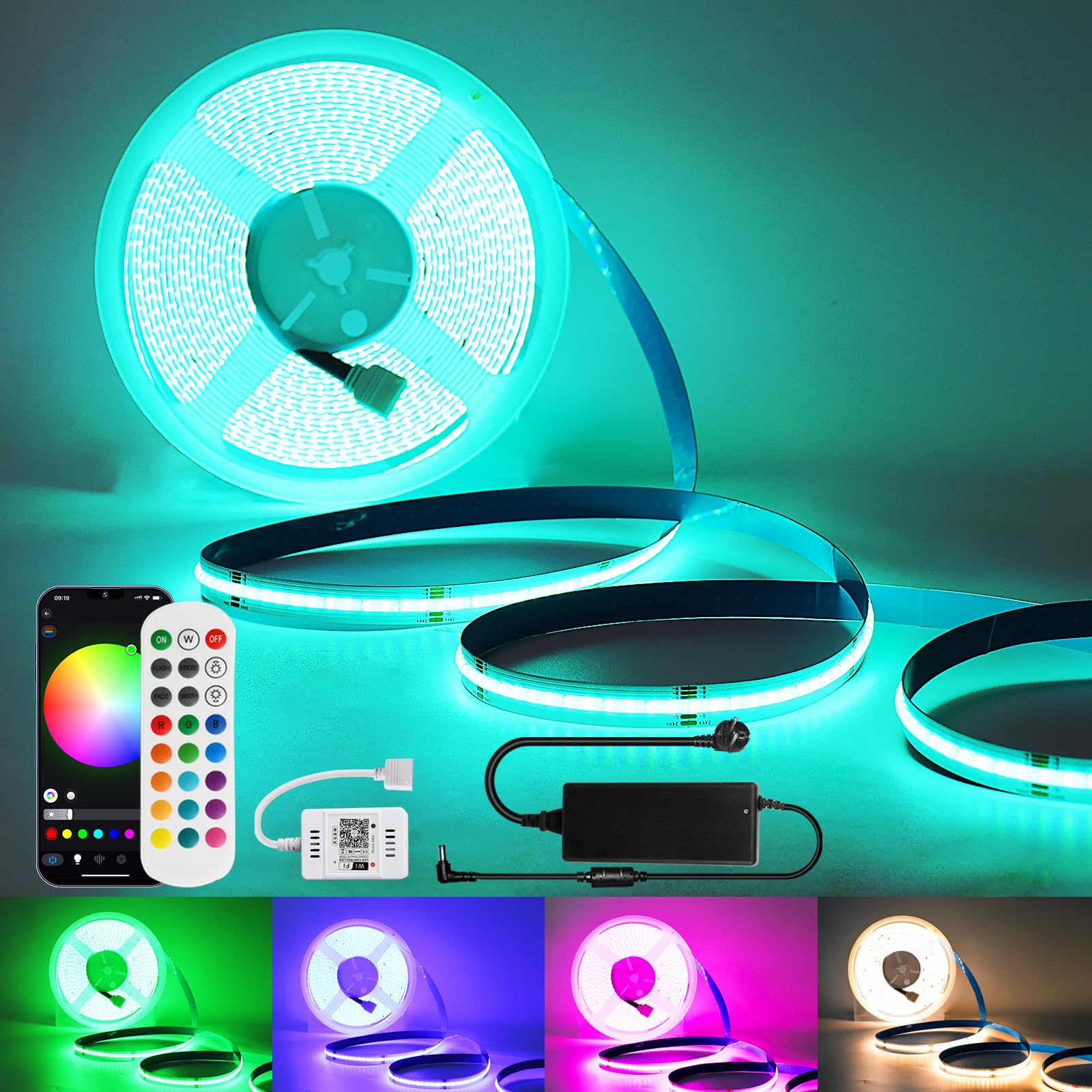 INDARUNCob RGBW Led Strip 10m, 10m 24V 8A RGBW WiFi Led Strip with APP and Remote Control, 10m 672LEDs/Meter Led Strip for Home Decoration, Compatible with Alexa/Google Home