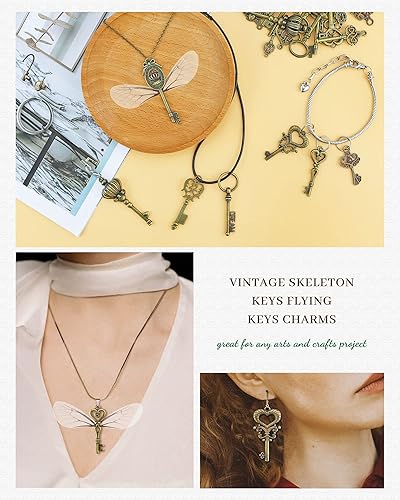 Miniatura 5 de 46 piezas de llaves de esqueleto vintage con 50 pares de alas de libélula y cuerda elástica de cristal de 30 yardas para hacer joyas, bodas,
