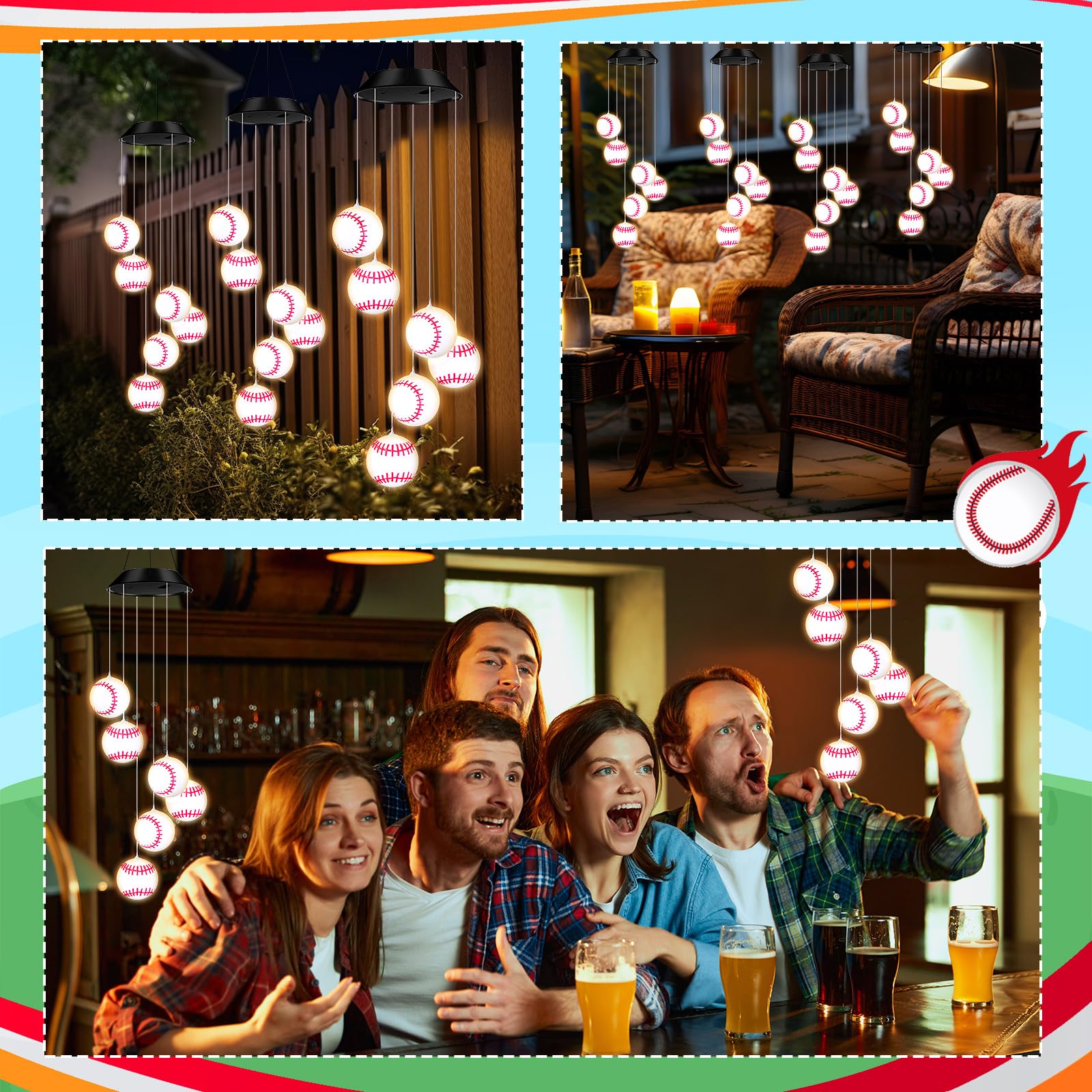 Wonderjune Campanas de viento solares para fiestas deportivas, luces LED al aire libre, temática de cumpleaños, decoración colgante móvil para jardín, patio, porche, bar deportivo, bar, regalo de