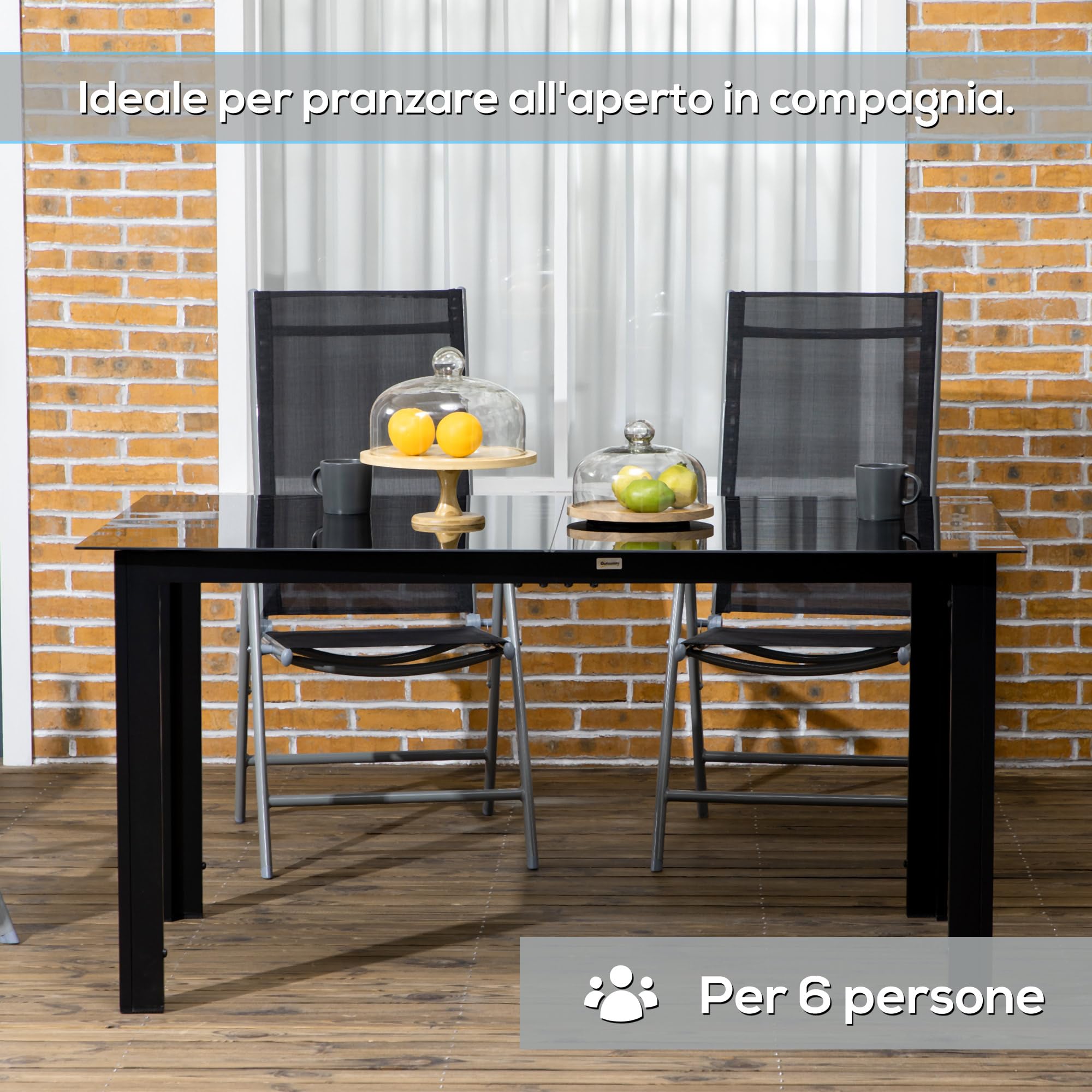 Outsunny Tavolo da Giardino con Piano in Vetro Temperato 150x90 cm per 6 Persone, Tavola da Pranzo da Esterno Rettangolare in Alluminio, per Patio, Terrazzo, Balcone, Nero