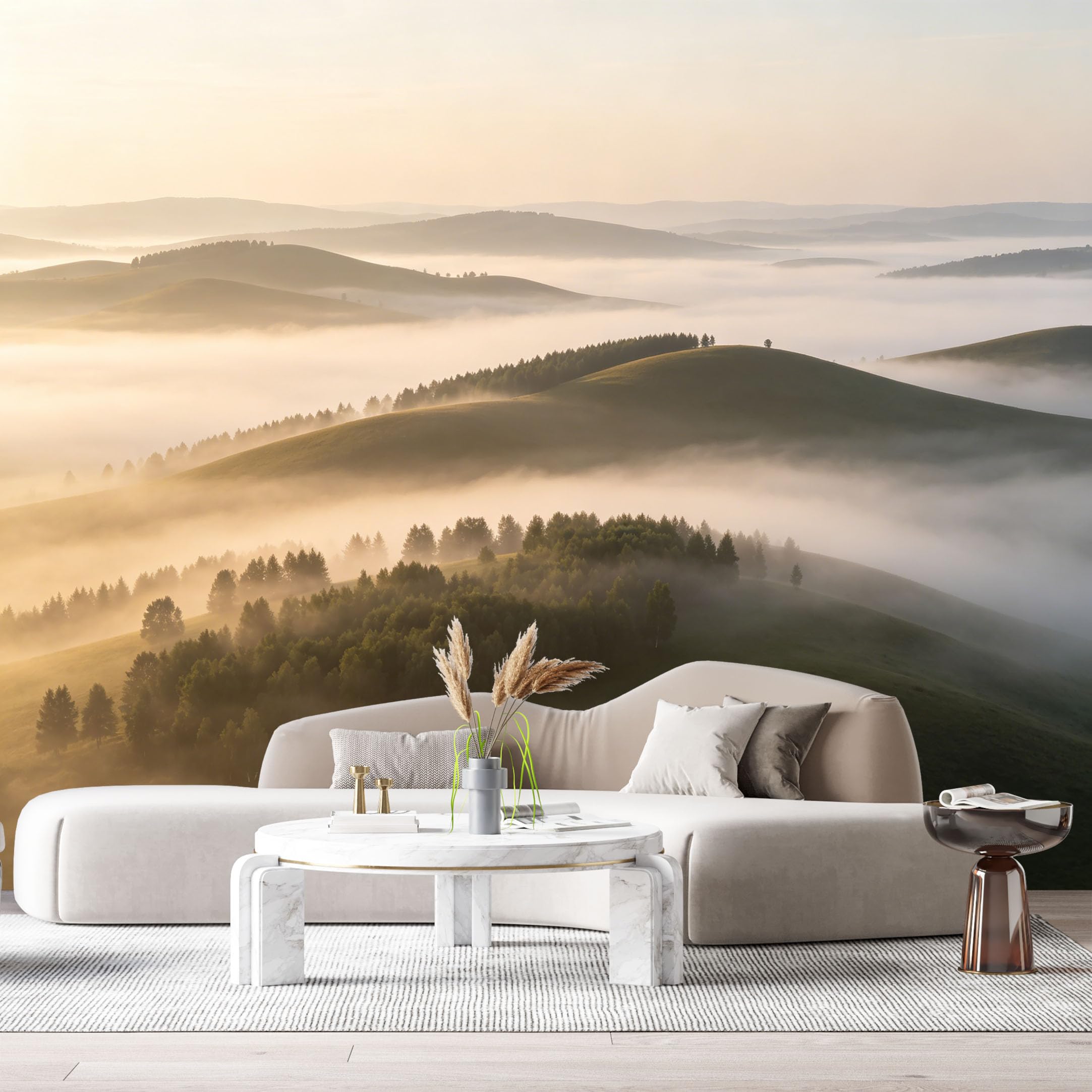 Custom Size Wall Murals Misty Hills Landscape Morning Fog Valley Forest Sunrise SelfAdhesive Wall Fabric Removable Large Wallpaper for Photo Living Room