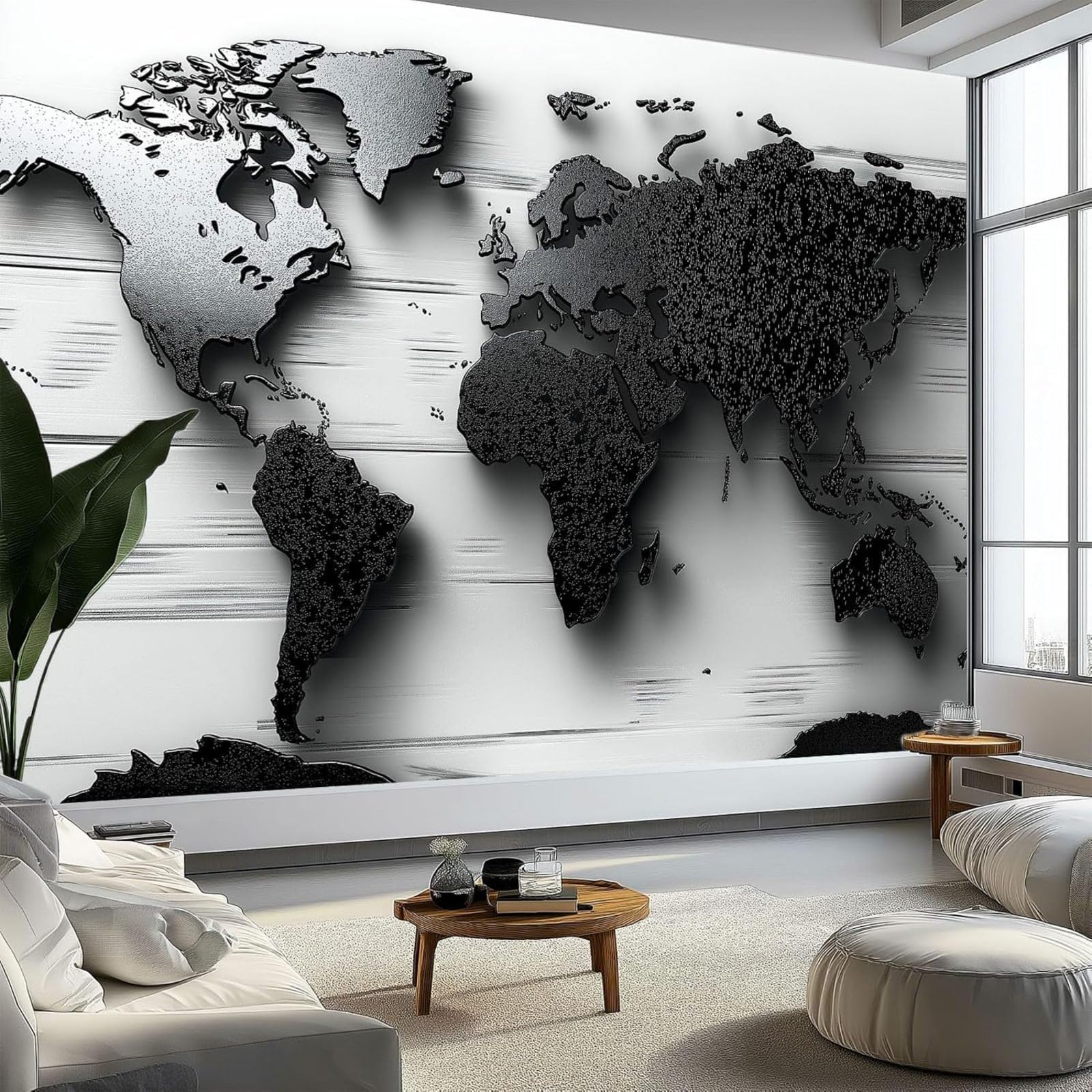 hgjdjhnf Black and White Raised World Map Photo Wallpaper, Non-Woven Wallpaper, Modern Wall Mural for Living Room and Bedroom, 250cm x 175cm, Stickers - Frameless Painting - Poster