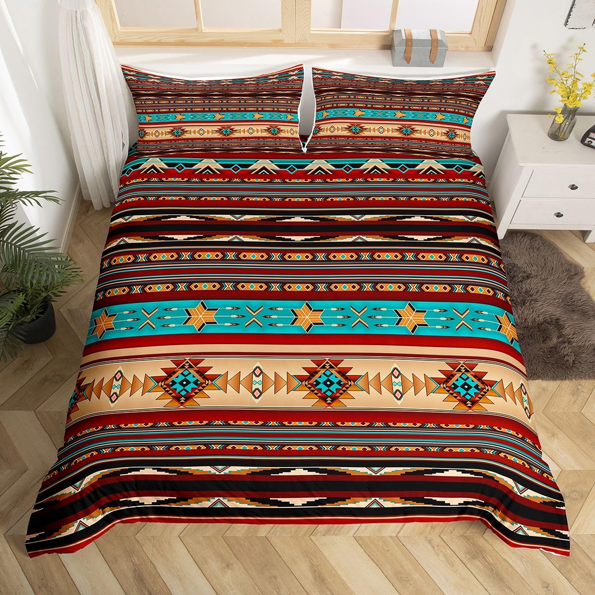 Aztec Comforter Cover Ethnic Tribal Arrow Duvet Cover,Retro Southwest Native Bohemian Bedding Set King,Western Star Geometric Sriped Bed Set African