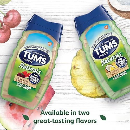 Miniatura 8 de TUMS Naturals Ultra Strength Antiácidos masticables para aliviar la acidez estomacal, ideal para una barbacoa de verano, cereza negra y sandía, 190