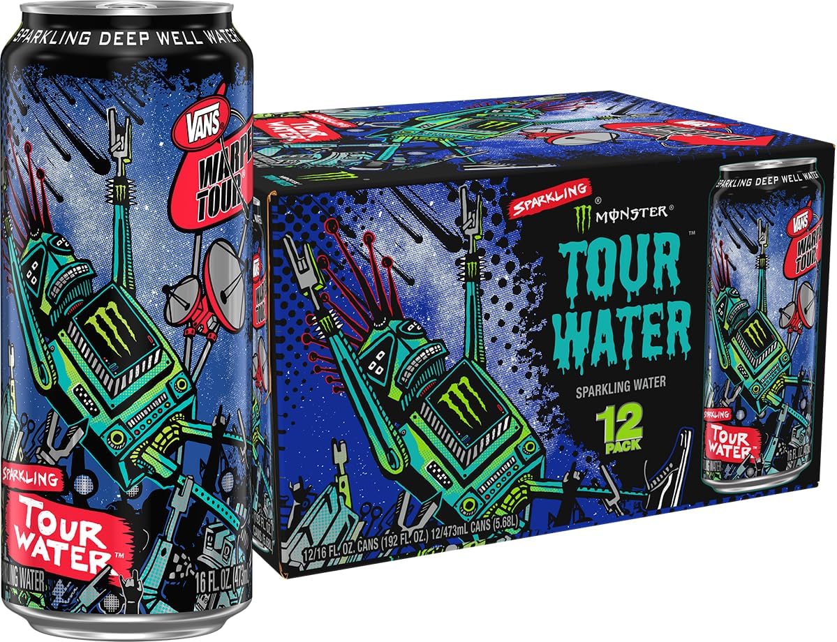 Monster Tour Water by Monster Energy, Sparkling Deep Well Water, 16oz (Pack of 12)