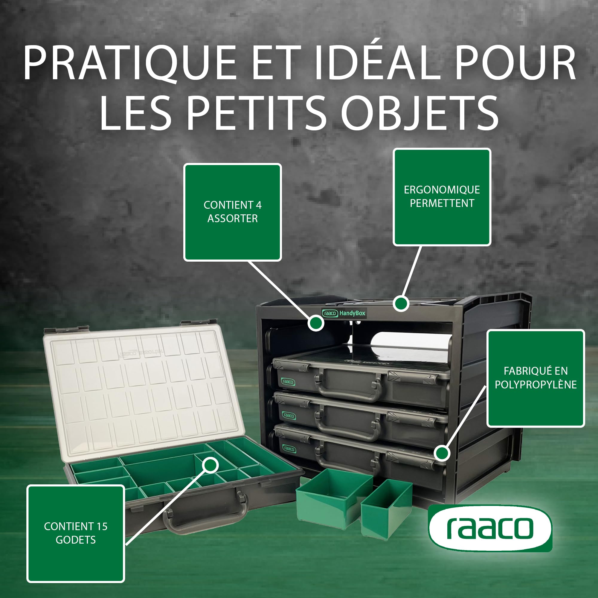 Raaco HandyBox 55x4, Ensemble de 4 Boîtes de Rangement Premium, module | Ensemble de 4 Boîtes de Rangement Premium pour Atelier, pour Visserie et Outils, Capacité de 25 kg, Empilable