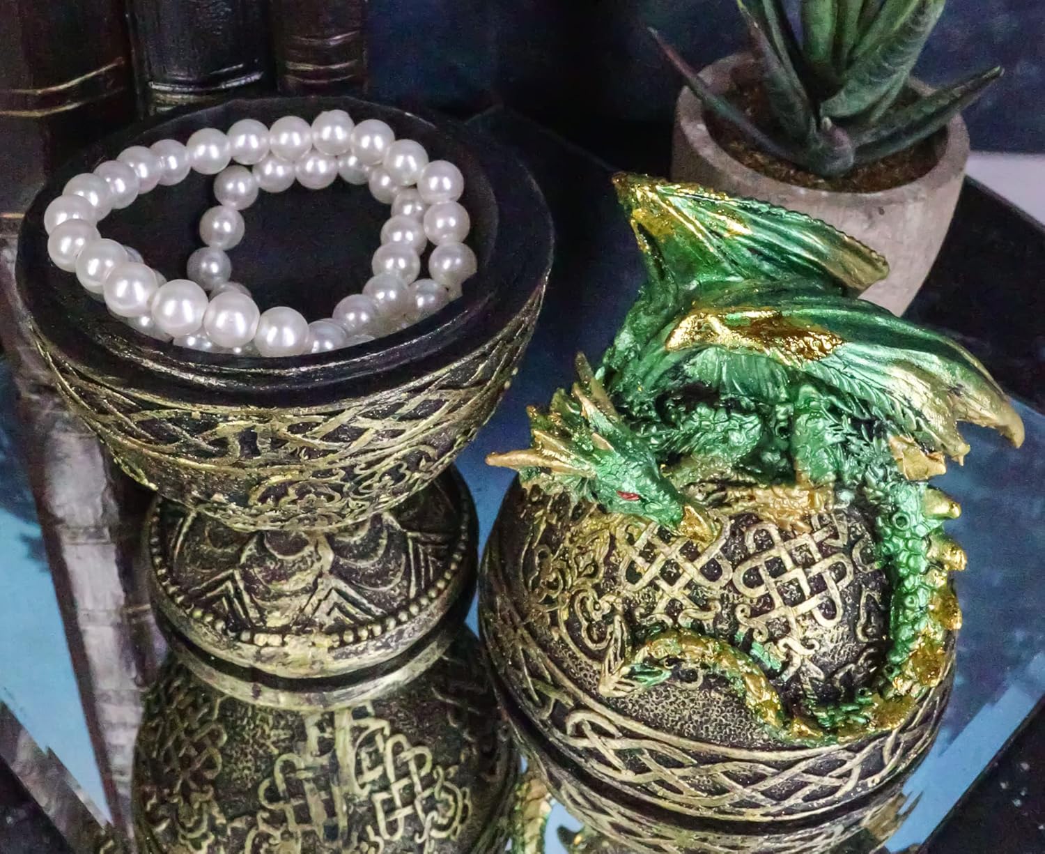 Ebros Gift Green Dragon Perching On Celtic Knotwork Tattoo Relic Golden Egg Decorative Jewelry Box Figurine 6.25" High Fantasy Myths Legends Dungeons And Dragons Statue
