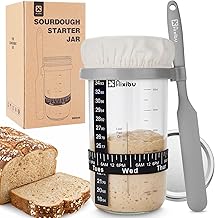 Aixibu 650ml Sourdough Starter Jar Kit - Sourdough Jar with Marked Feeding Band, Thermometer, Scraper, Sewn Cloth Cover, Metal Lid, and Silicone Buckle (Starter Not Included)