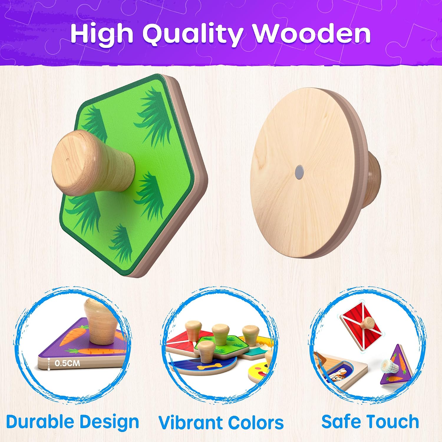 SYNARRY Farm Animals Toddler Puzzles, Wooden Puzzles for Toddlers 1-3, Jumbo Knob Peg Chunky Puzzle, Baby Puzzles 12-18 Months for Shape Recognition Fine Motor Skills, Barn Farm Toys for Toddlers 1-3