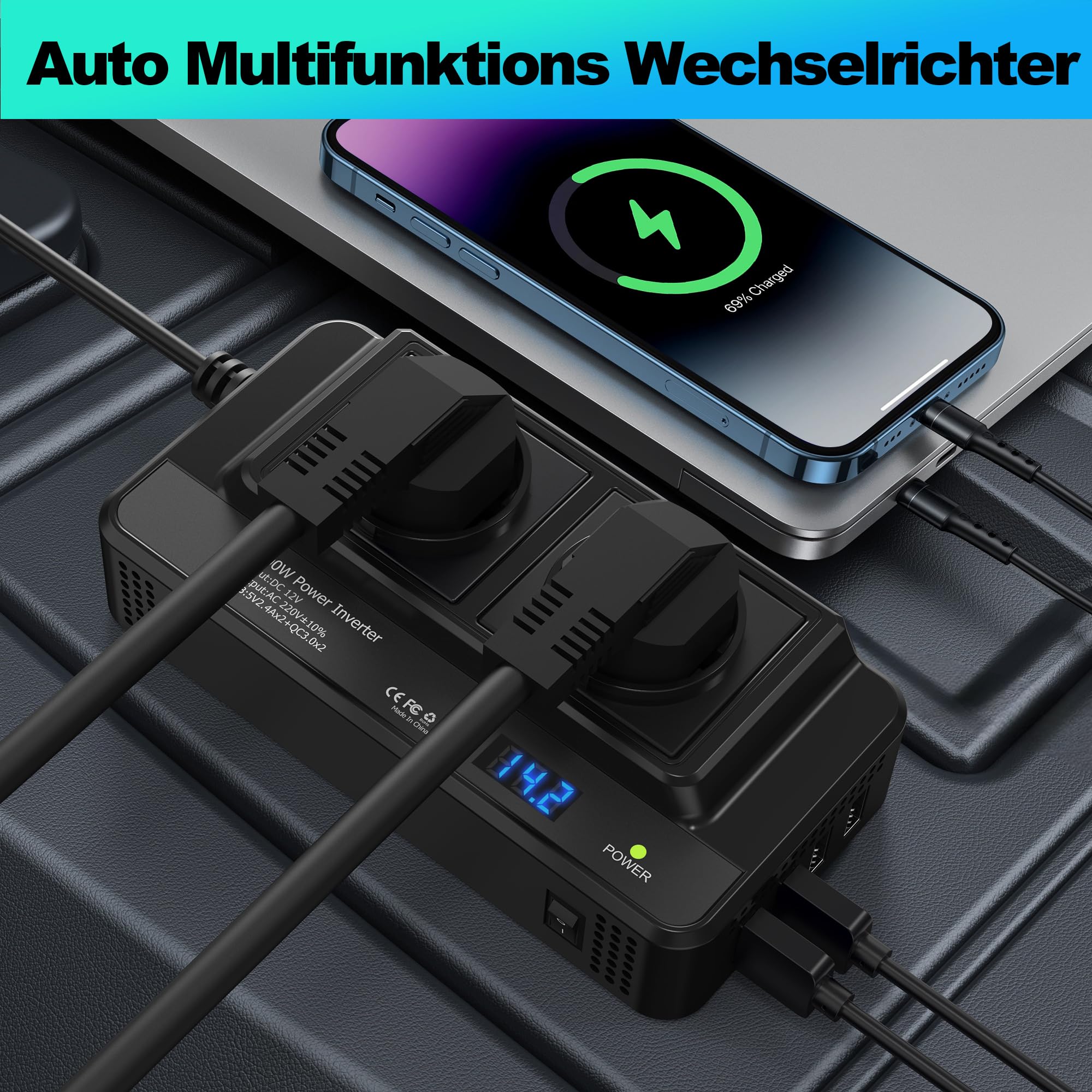 200W Auto Spannungswandler Wechselrichter DC 12V to AC 230V mit 2 Steckdosen und 4 USB Ports Schnelles Aufladen KFZ Ladegerät mit Zigarettenanzünderstecker für Geschaeftsfahrten und Urlaub