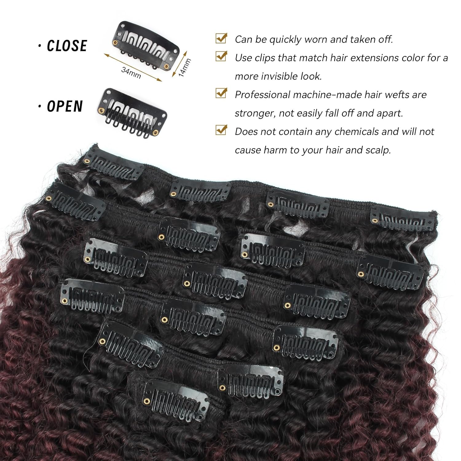 ABH AMAZINGBEAUTY HAIR Afro Kinky Curly Human Hair Clip-ins 20 Inch 7Pcs 3C 4A Extensions for Black Girls - Two Tone Ombre Burgundy Wine Red 120 Gram