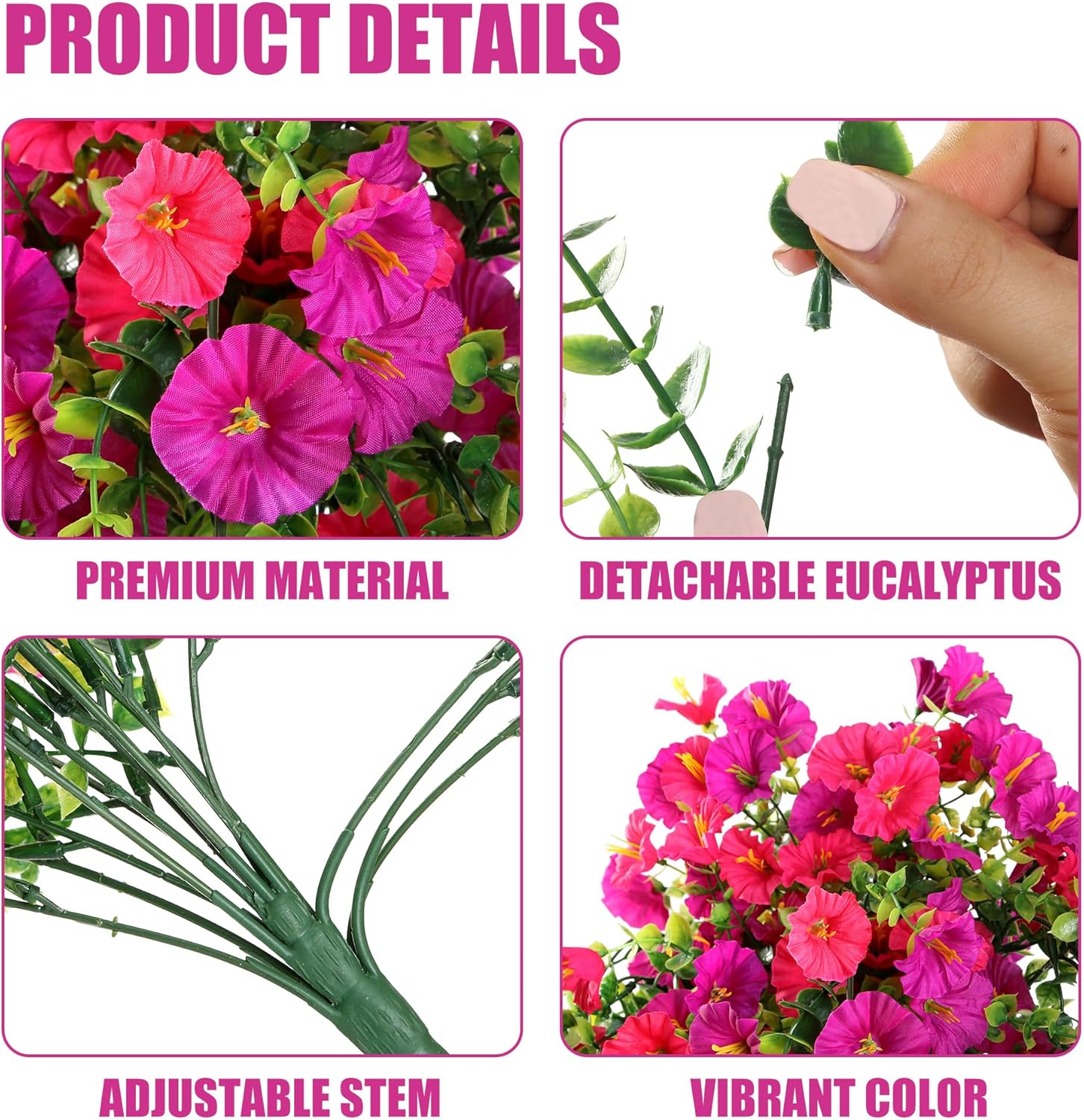 Artificial Fake Hanging Flowers Plants for Outdoor Outside Spring Summer Decoration 2PCS Faux Silk UV Resistant Realistic Morning Glory with Eucalyptus for Home Porch Patio Balcony(Magenta & Hot pink) - Image 6