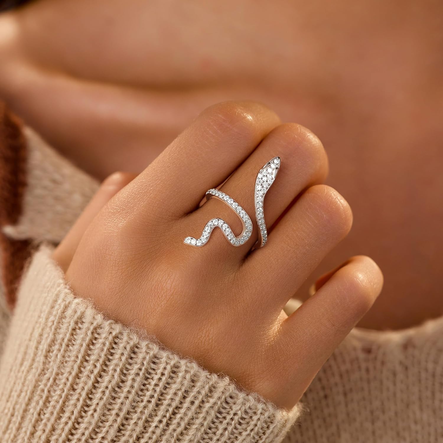 LOVECOM 18K Gold Plated Snake Rings for Women 925 Sterling Silver Adjustable Cubic Zirconia Snake Ring Jewelry Stackable Open Animal Statement Promise Ring Holiday Gifts for Her Mother - Image 2
