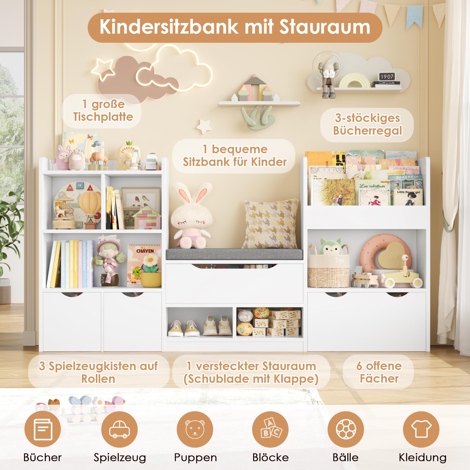 FOREHILL 183cm Breit Kinderregal mit Sitzbank, Kinderzimmer Möbel mit 3 Aufbewahrungsboxen für Spielzeug Bücherregal für Kinder mit 3 Ebenen, Regal für Kinderzimmer Leseecke 183,5x94,5x29,8 cm Weiß