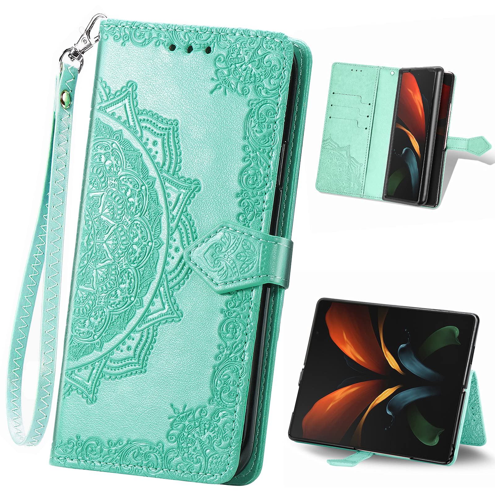 ARSUE for Samsung Z Fold 3 Case Wallet,Flower Henna Mandala Floral PU Leather Folio Flip [Kickstand] Phone Cover with [Card Slots Holder][Wrist Strap] Magnetic Closure for Galaxy Z Fold 3,Mint Teal