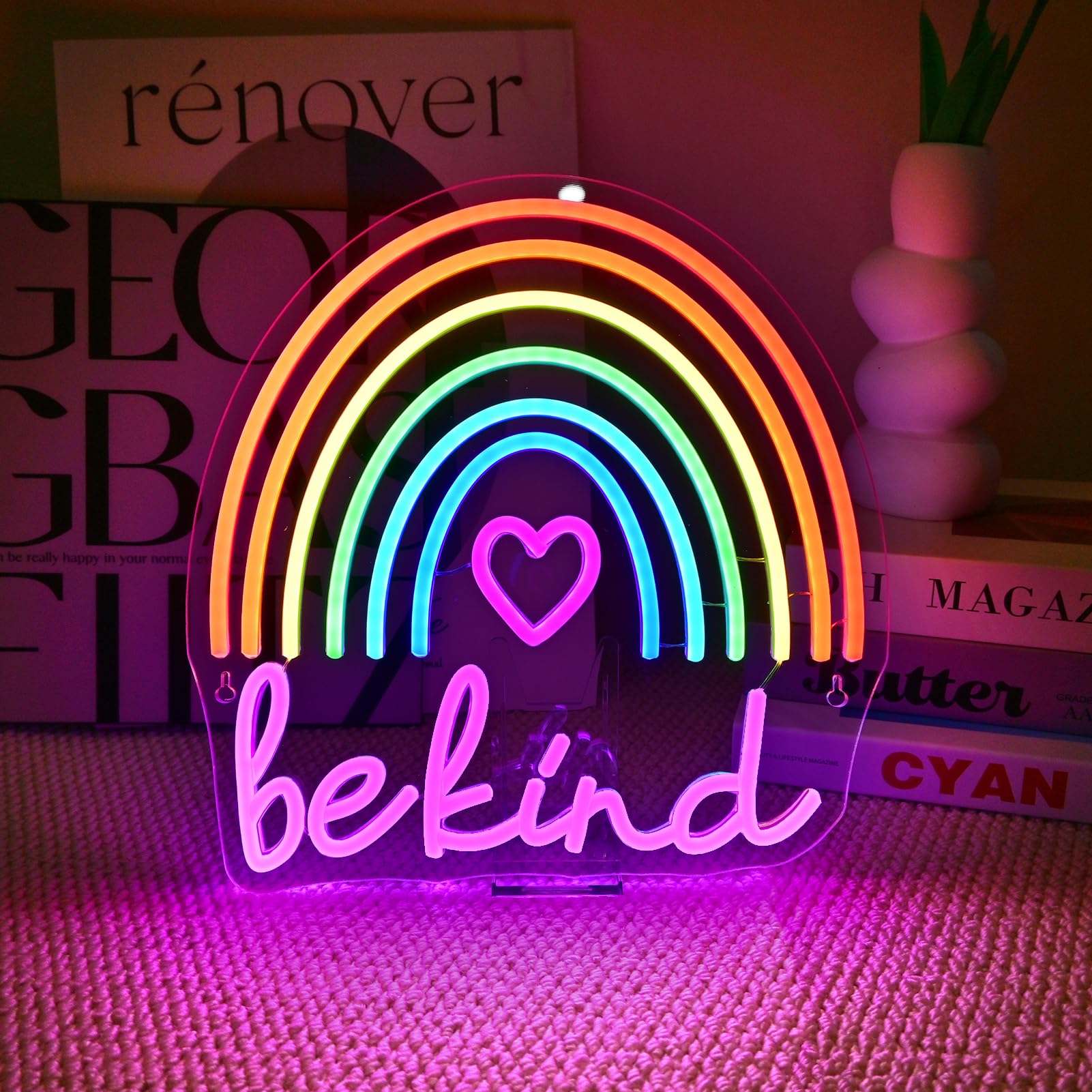 NXYX Be Kind Neon Sign for Wall Decor Rainbow Led Signs for Bedroom USB Dimmable Colorful Neon Lights for Classroom Home Club Motivational Birthday Party Office Decoration Wall Art