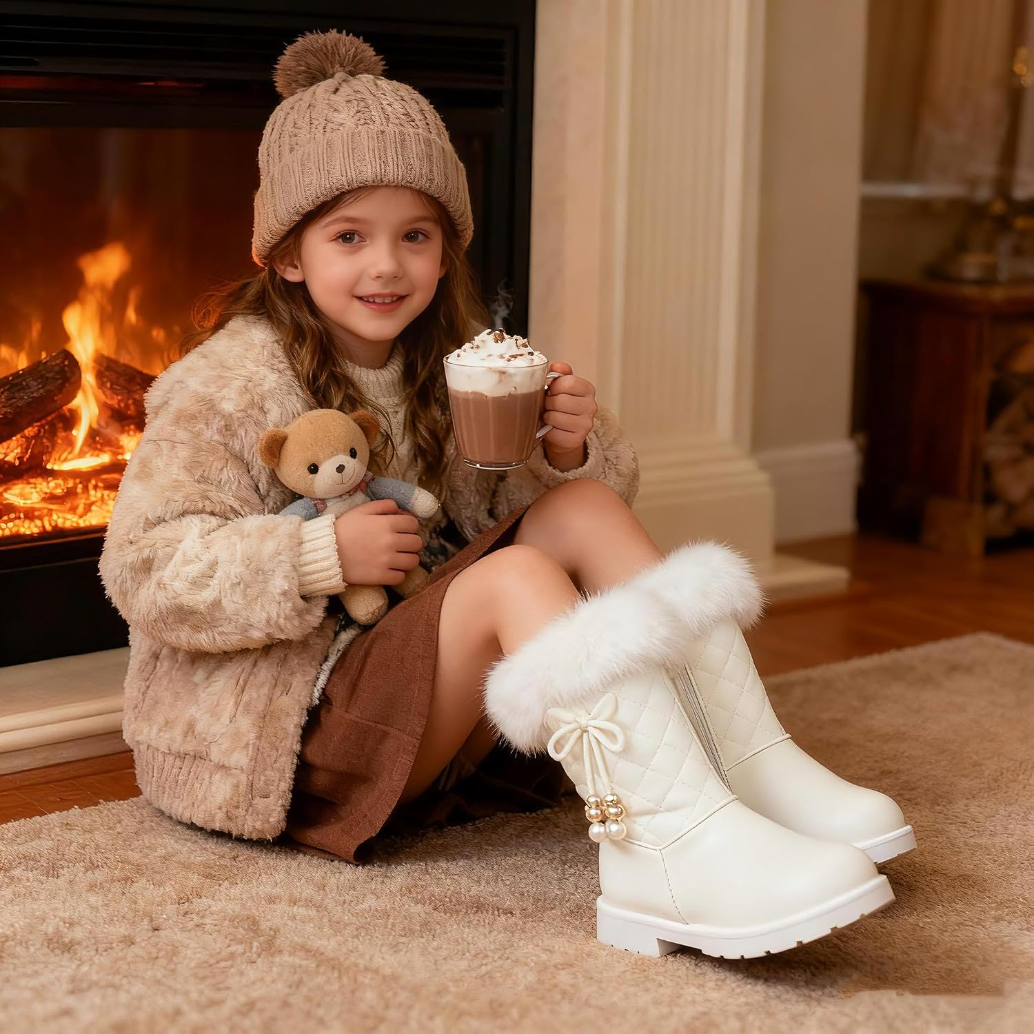 kkdom Girls Winter Snow Boots Warm Fur Boots Side Zipper Bowknot Pearl Princess Booties
