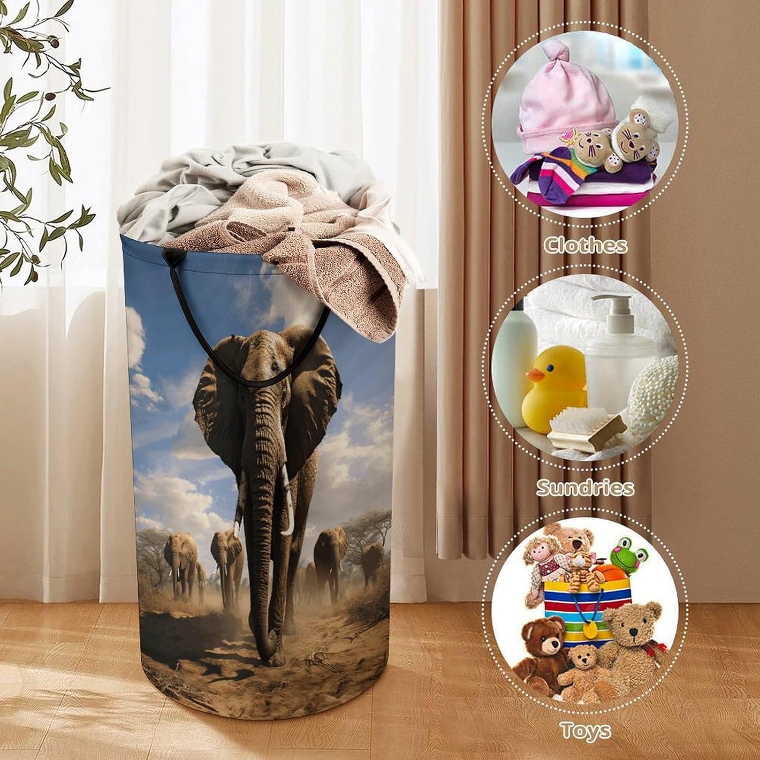 Ferocious Elephant Laundry Basket Large Foldable Laundry Hamper with Handles Freestanding Collapsible Clothes Basket Waterproof Portable Dirty Clothes Hamper for Bathroom 86L