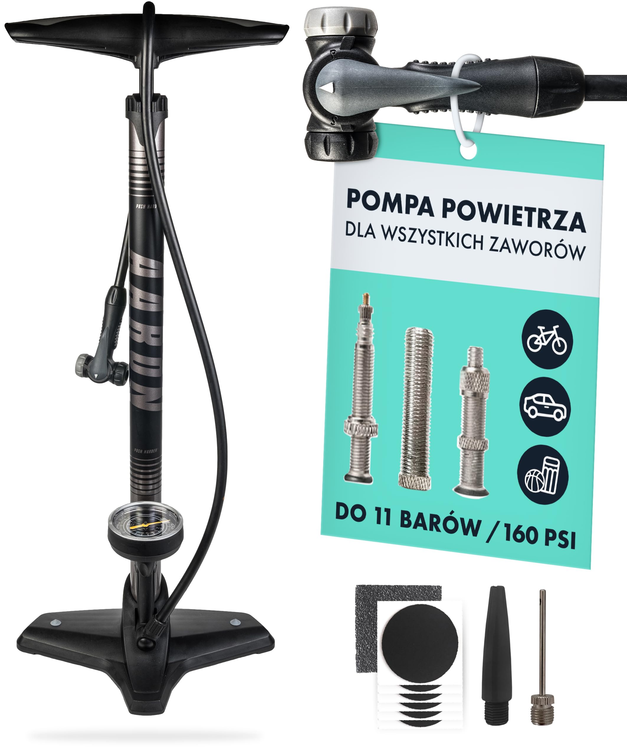 AARON - Sport One Bike Pump - z manometrem/do wszystkich typów zaworów/wysokociśnieniowych - z igłą balonową - do roweru elektrycznego/MTB, roweru wyścigowego/Inne