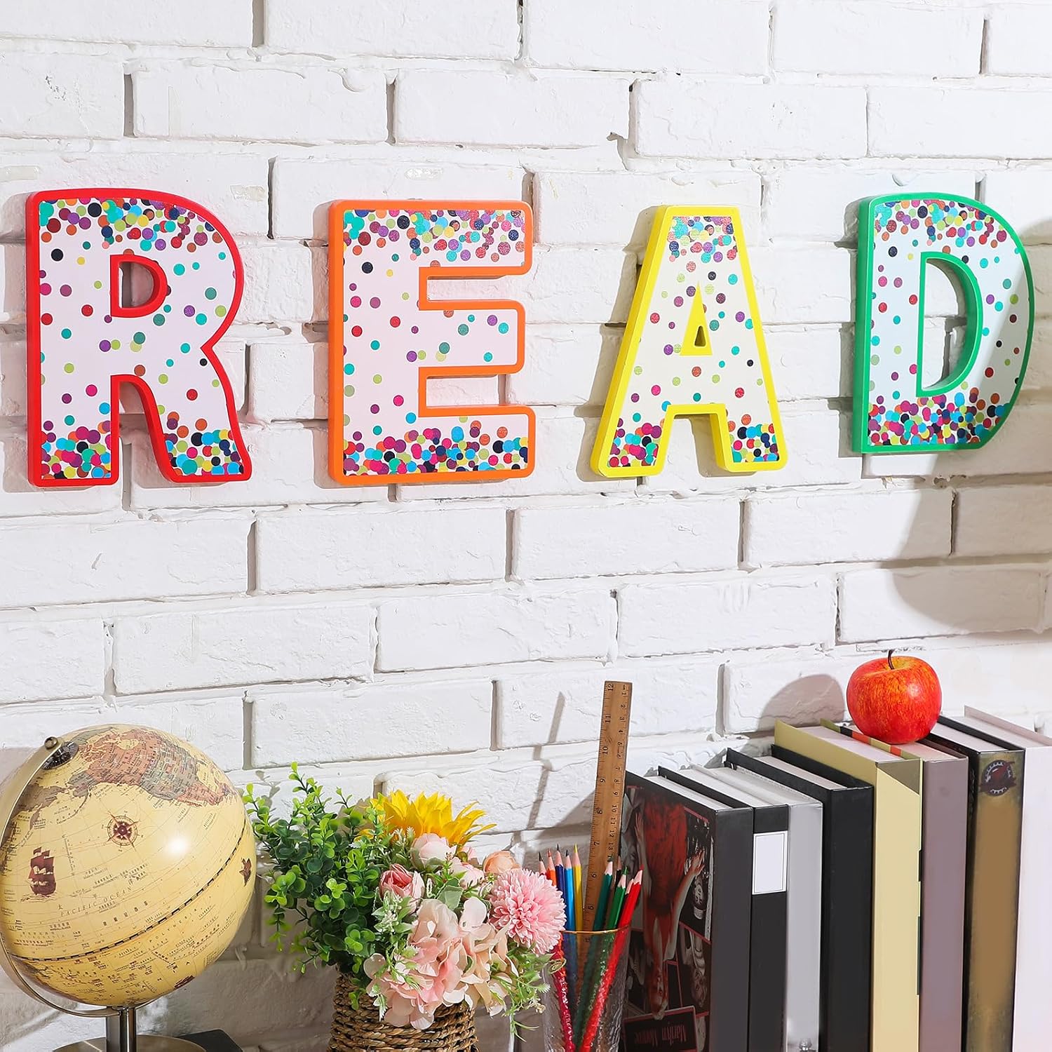 Pinkunn 4 Pcs Reading Corner Decor for Classroom 8.6 Inch Wooden Read Letters Set of 4 Read Sign Back to School Reading Nook Sign for Classroom Library Decor(Classic)