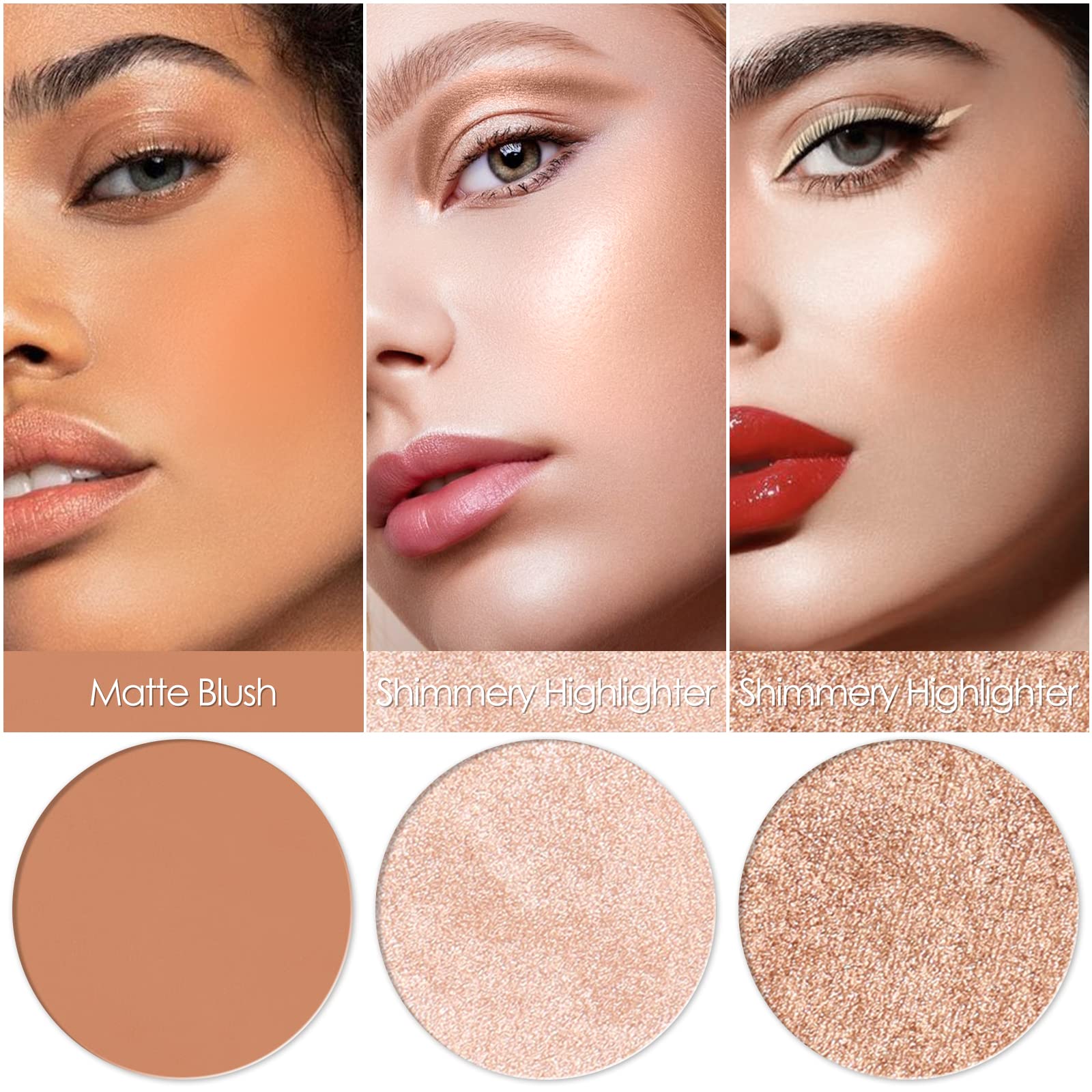 Paleta de rubor e iluminador, polvo de maquillaje 3 en 1, rubor mate libre de crueldad, iluminadores brillantes para un aspecto brillante, #02 2