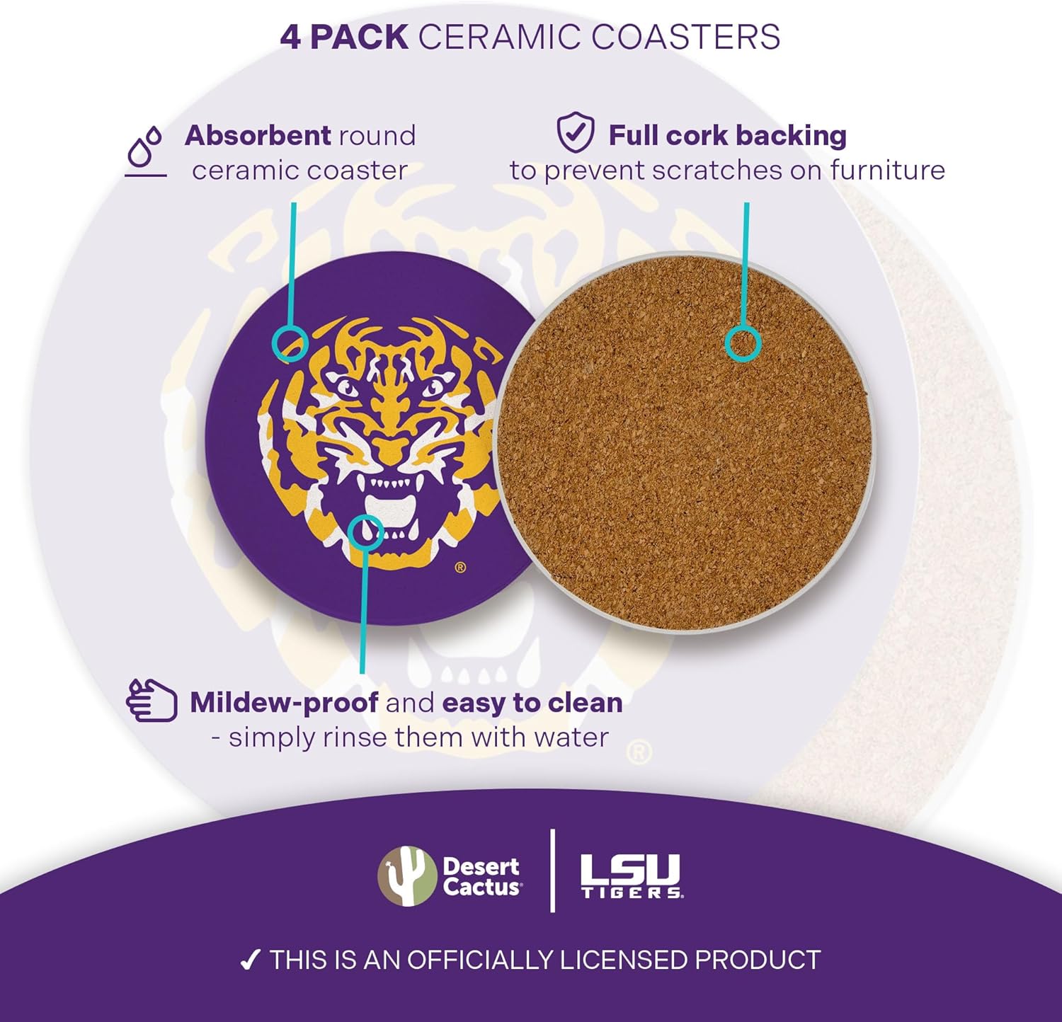 Desert Cactus LSU Circle Ceramic Coasters 4 Pack Tigers Geaux Louisiana State University Absorbent Drink Coasters with Cork Backing (Design A) - Image 3