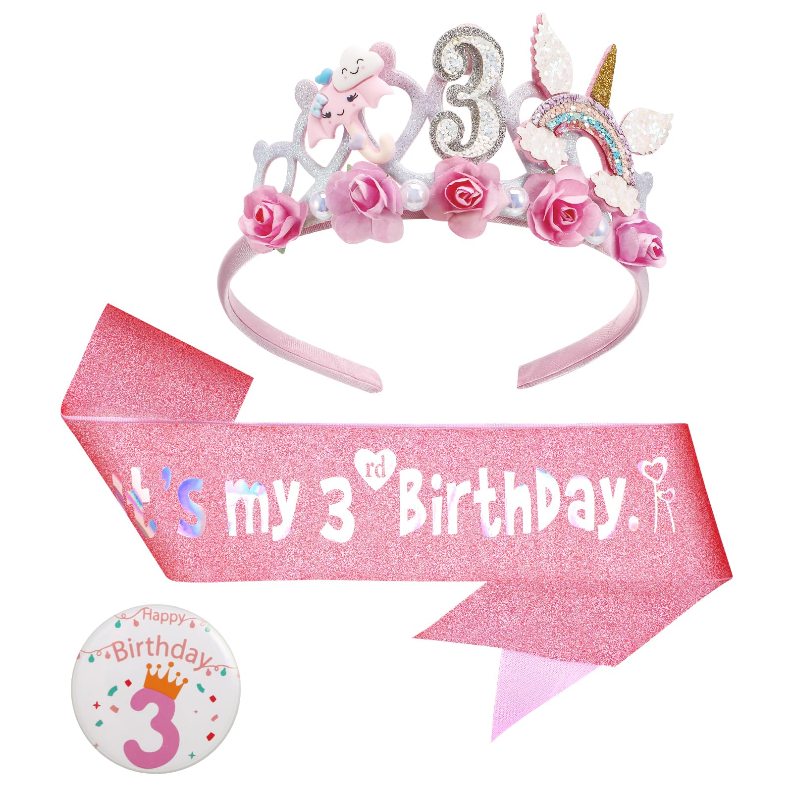 Birthday Girl Headband, 3th Floral Birthday Crown Glitter Sash and Badge Set for Birth Day Decorations Girls,Princess Crown Hats Girl Headband for Kids Princess Party Glitter Hair Band Decorations