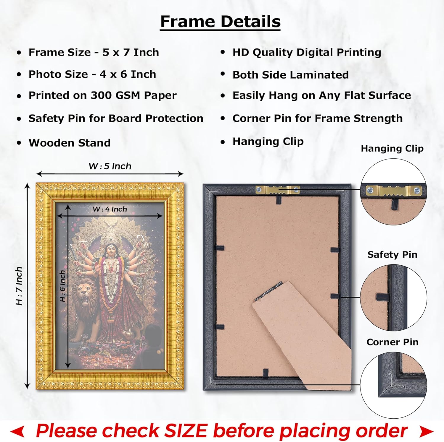 PICTURE CREATIONS Durga Maa Photo Frame -5x7 Inches Durga Mata Painting for Wall, Pooja, Temple, Home and Office (Design 02)