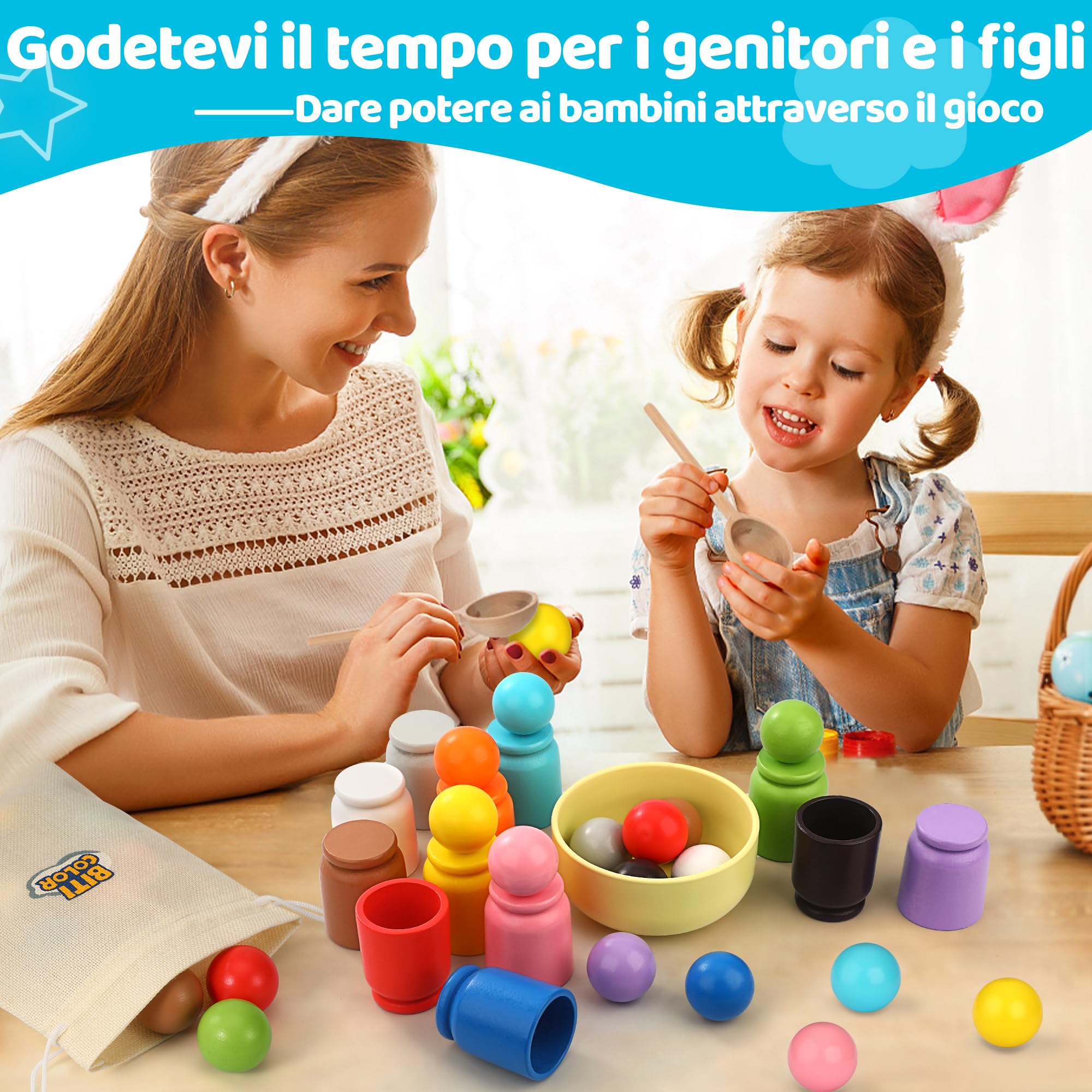 Palla in Tazza Giocattolo montessoriano in Legno per Giochi Legno la la Selezione dei Colori dell'arcobaleno per i Bambini della Scuola Materna - 12 Palle da 40 mm