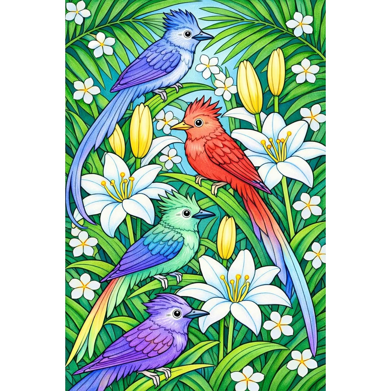 Poetrydraw Lilies And Birds Lilies & Birds 5D Round Drill Diamond Art Kit For Beginners & Adults, 11.81X17.72in, Home Wall Decor, Gift Idea