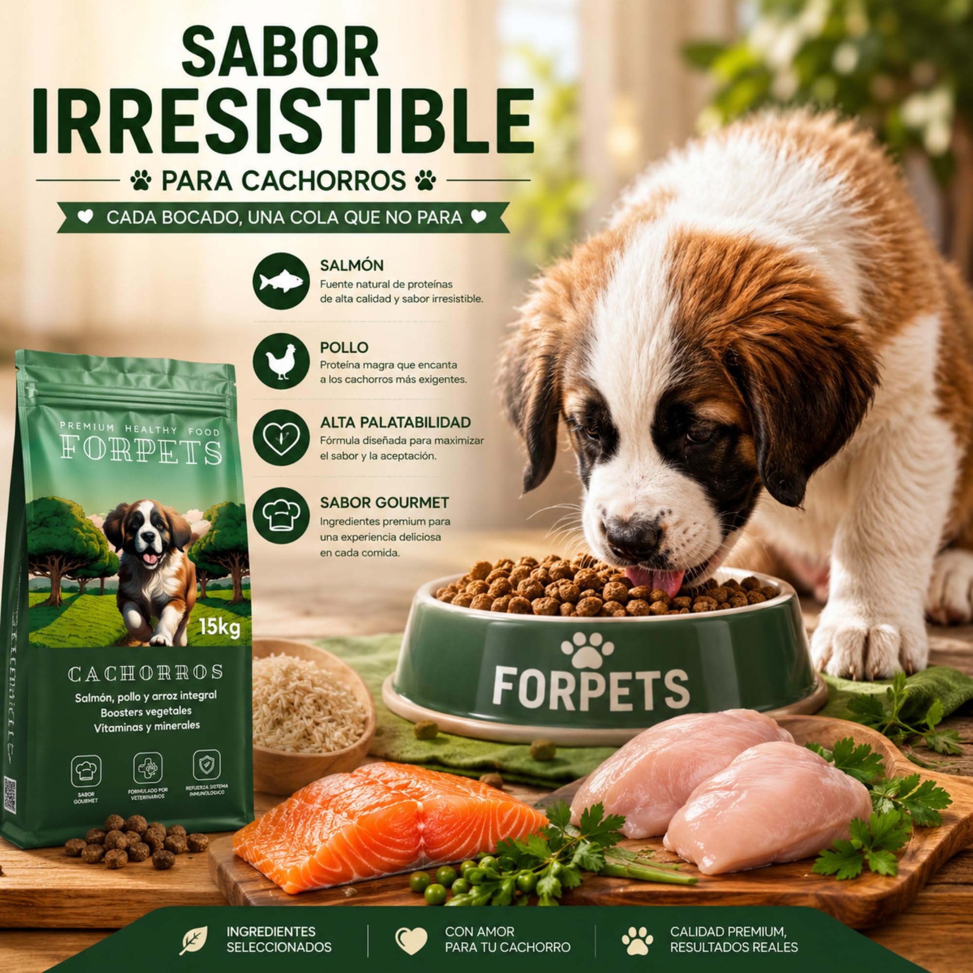 Pienso para Cachorros 15 kg | Salmón, Pollo y Arroz Integral | Digestión Sensible y Crecimiento Saludable | Sin Gluten, Alto en Proteína | Razas Pequeñas, Medianas y Grandes | FORPETS