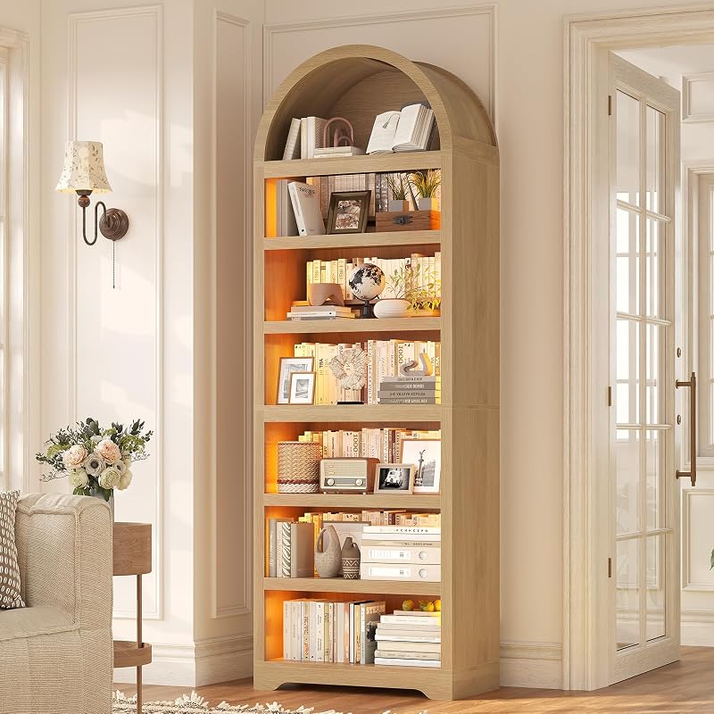 79.4" Tall Arched Cabinet,Bookcase with Storage,Mid-Century Modern 7-Tier Bookshelf with RGB Light,2 Book Risers,Adjustable Shelf offering More Space for Living Room,Kitchen,Home Office(Oak)