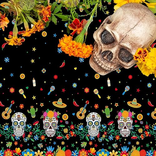 Miniatura 7 de Mantel de plástico con diseño del Día de los Muertos con diseño floral de calavera de azúcar, desechable, rectangular, para Halloween, fiesta