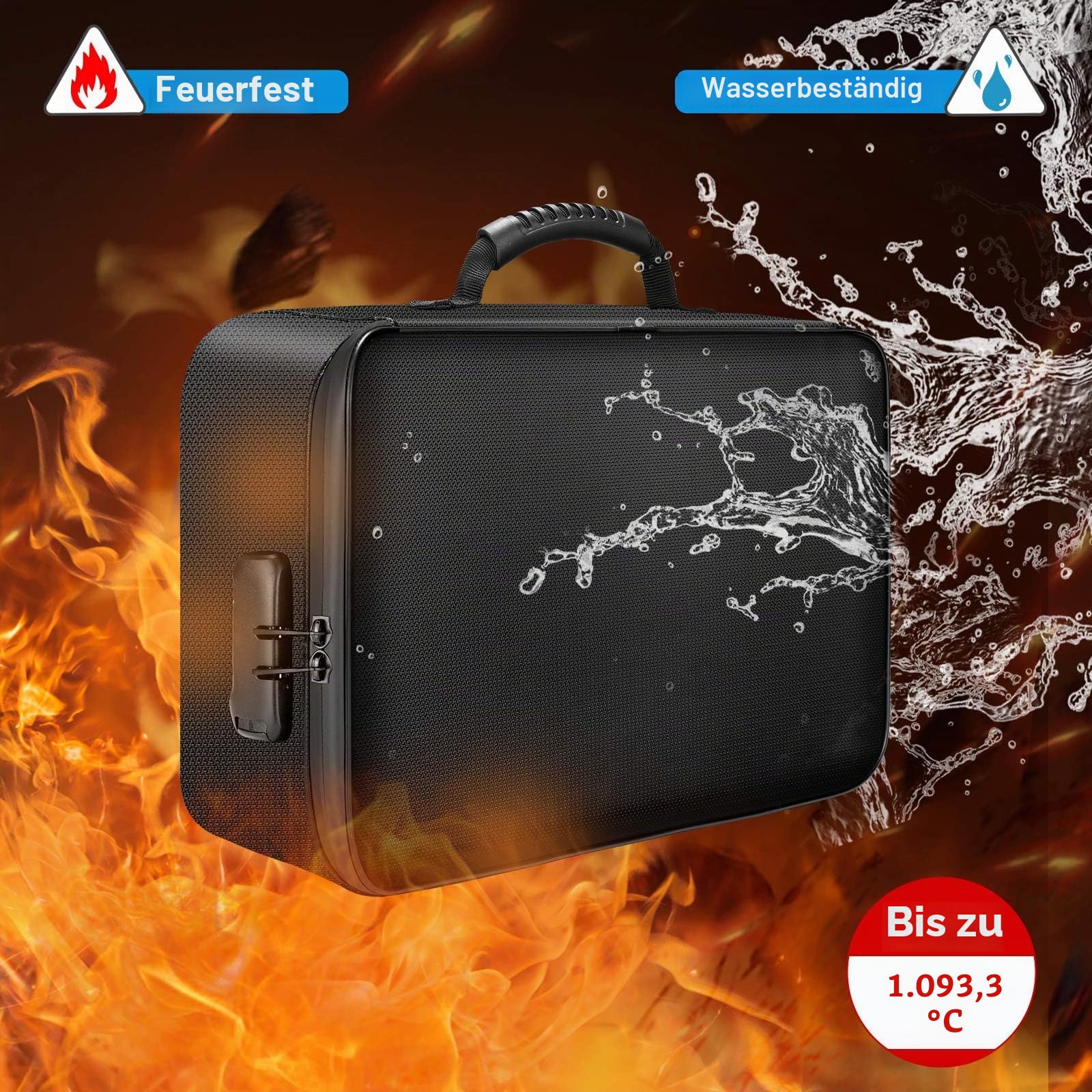 DocSafe Dokumententasche mit Schloss, feuerfest, 3-lagig, Dokumenten-Aufbewahrungstasche mit wasserabweisendem Reißverschluss, Dokumentensichere, Geschenke für ihn, schwarz