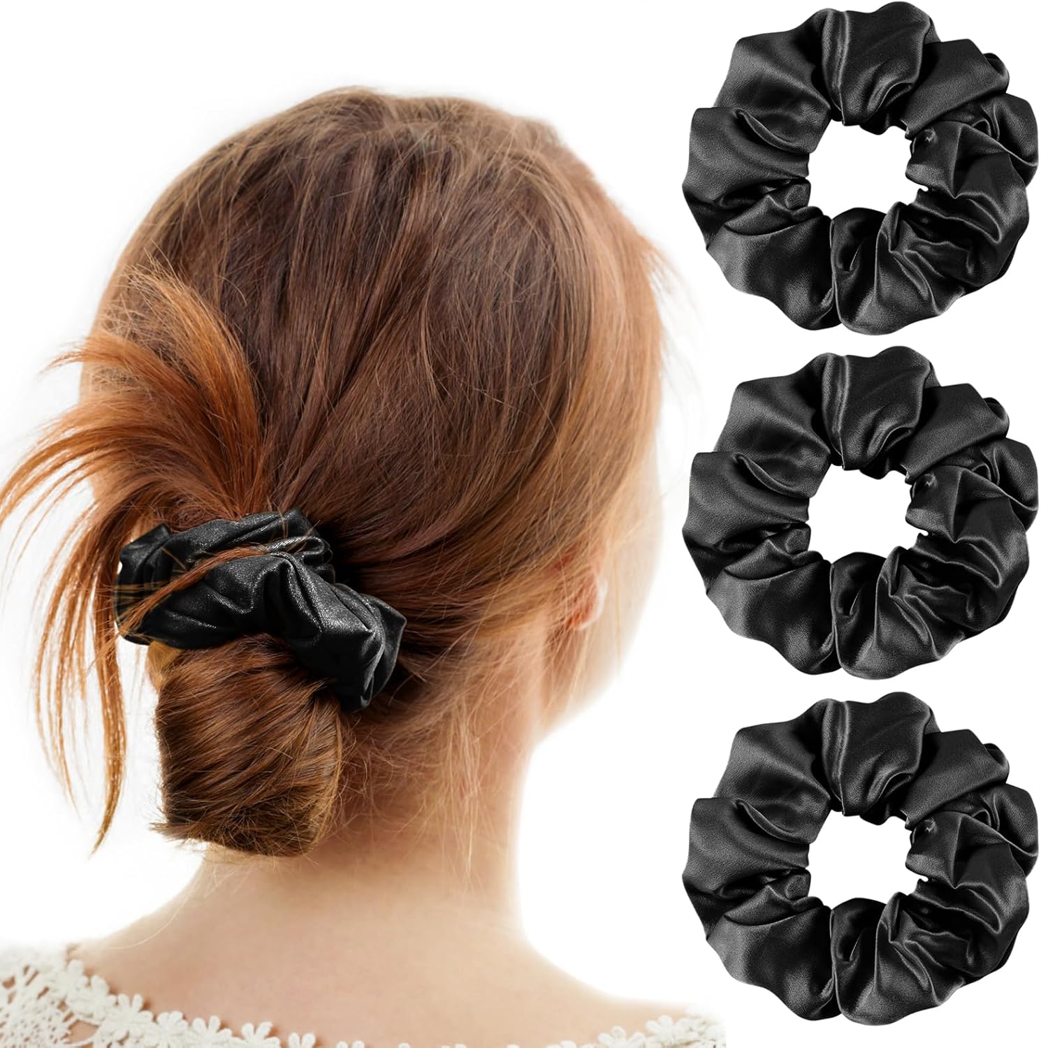 SGMSILK シュシュ 100% シルク 19匁 髪にやさしく跡がつかない 【髪と美容のプロ監修】 ヘアゴム おしゃれ 大人 ヘアロープ 髪飾り 髪ゴム シンプル ヘアアクセサリー サテン エレガント 大きめ 無地 シーン別で使える 3色セット 母の日 ギフト (ブラック)