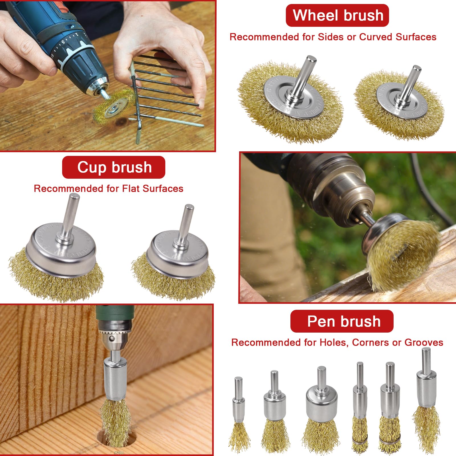 Spazzola per la pulizia del filo di ottone per trapano, filo di acciaio al carbonio abrasivo rivestito in ottone con setole morbide, fusto da 1/4" per rimozione del metallo, ruggine e colore