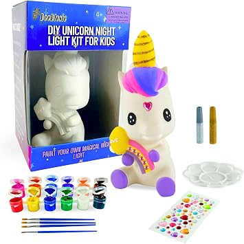 BeeBlosie Paint Your Own Unicorn Night Light Kit for Kids Ages 4-8 DIY Color-Changing LED Lamp Craft Set with Paints, Brushes, Gems & Glitter Creative Arts & Crafts Gift for Girls
