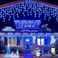 Vista 1 de Luces de Navidad azules al aire libre - 99 pies 1216 luces LED de carámbano para exteriores - Enchufe 8 modos luces centelleantes para decoraciones