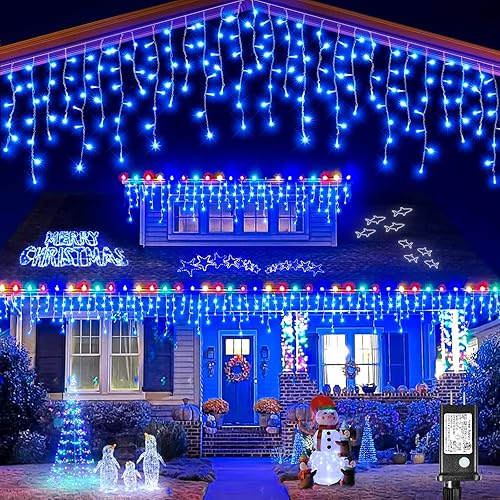 Luces de Navidad para exteriores  99 pies 1216 luces LED de carámbano al aire libre  Enchufe 8 modos de luces parpadeantes para decoraciones de