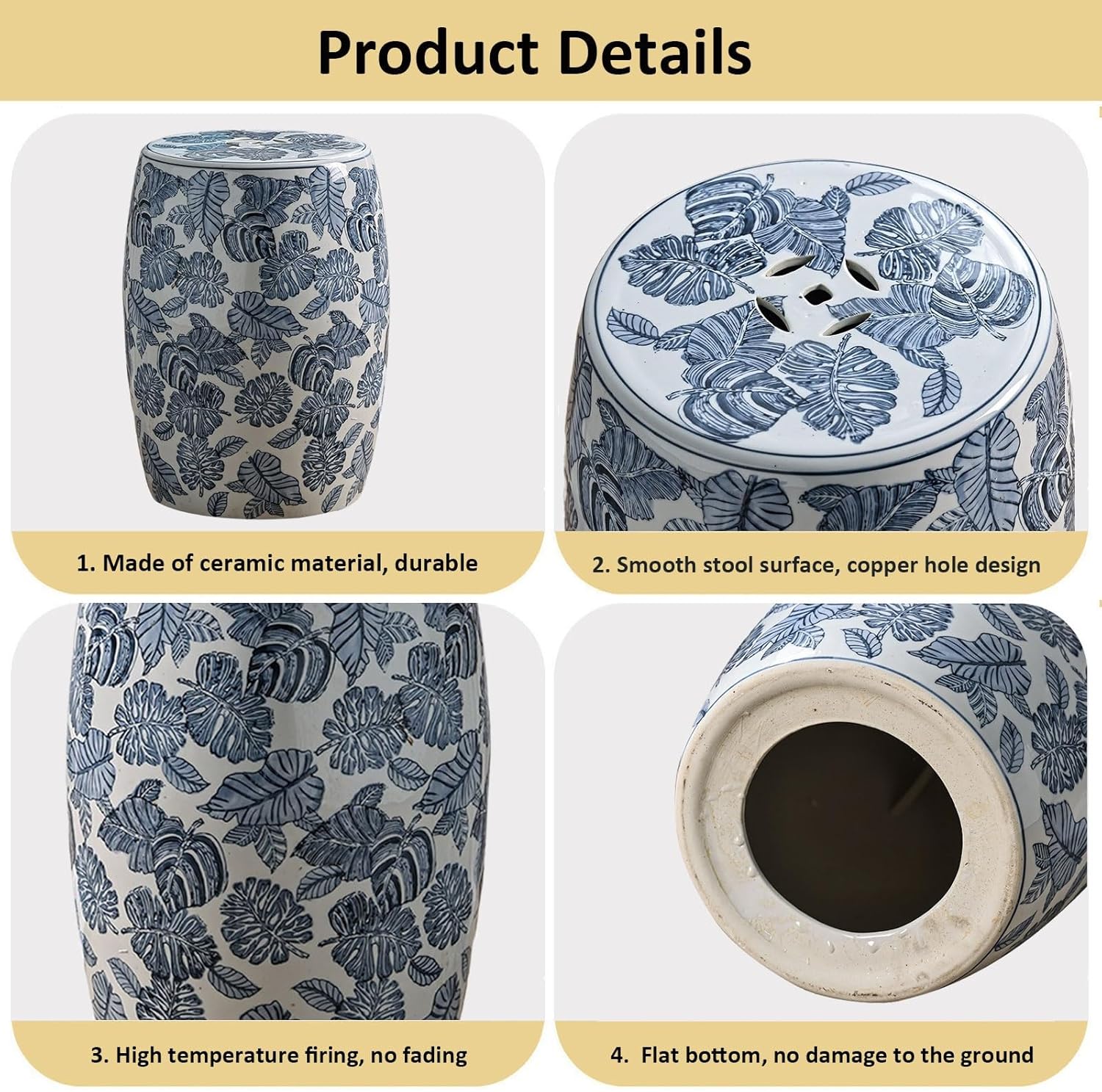 Decorative garden stools, Decorative Ceramic Garden Stool, Glazed Leaves Celadon Shoe-changing Stool Drum Stool, Suitable for Outdoor Garden, Living Room, Terrace, Etc.