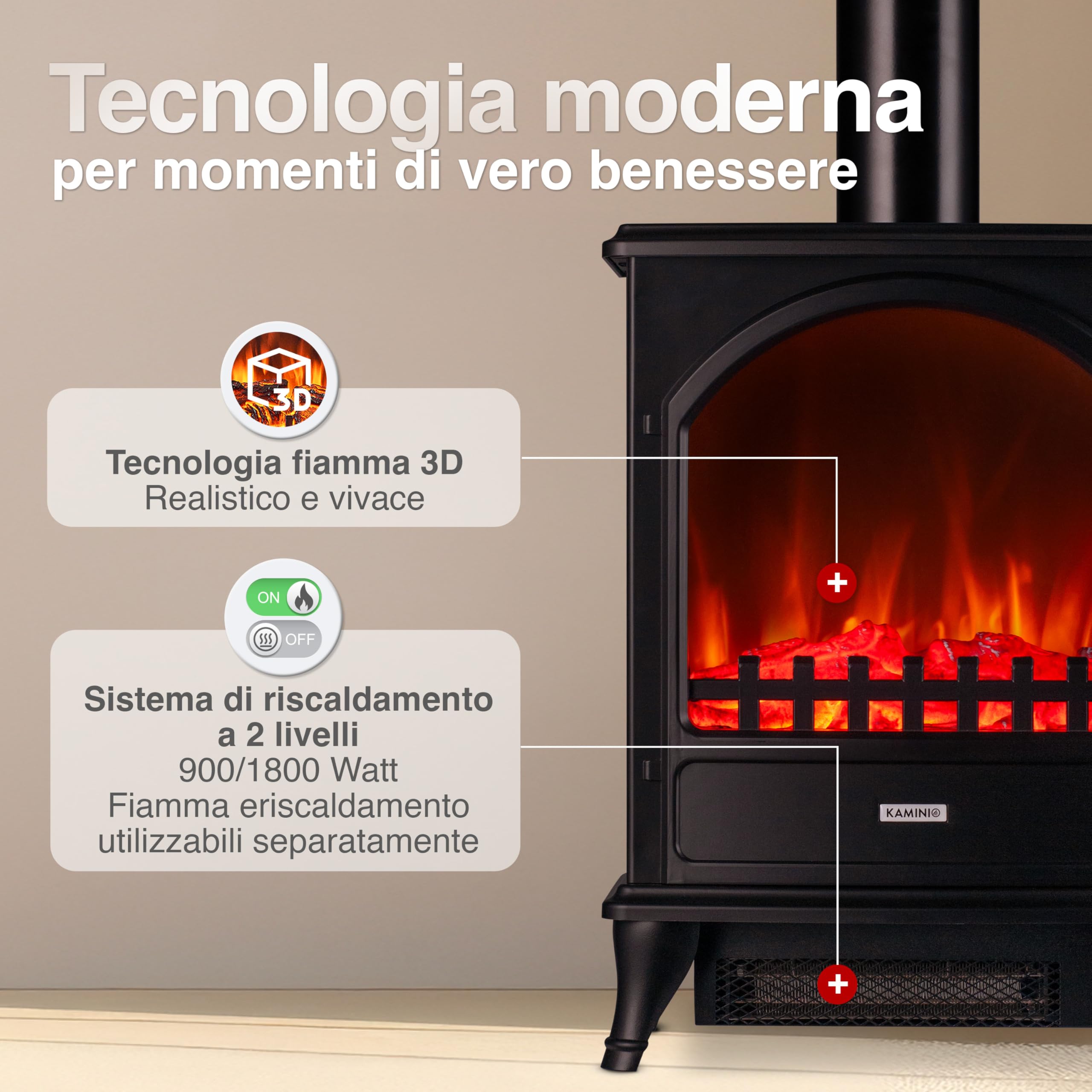 KAMINIO Camino elettrico LENI con tubo del camino - Stufa elettrica con riscaldamento, effetto fiamma 3D (Nero)