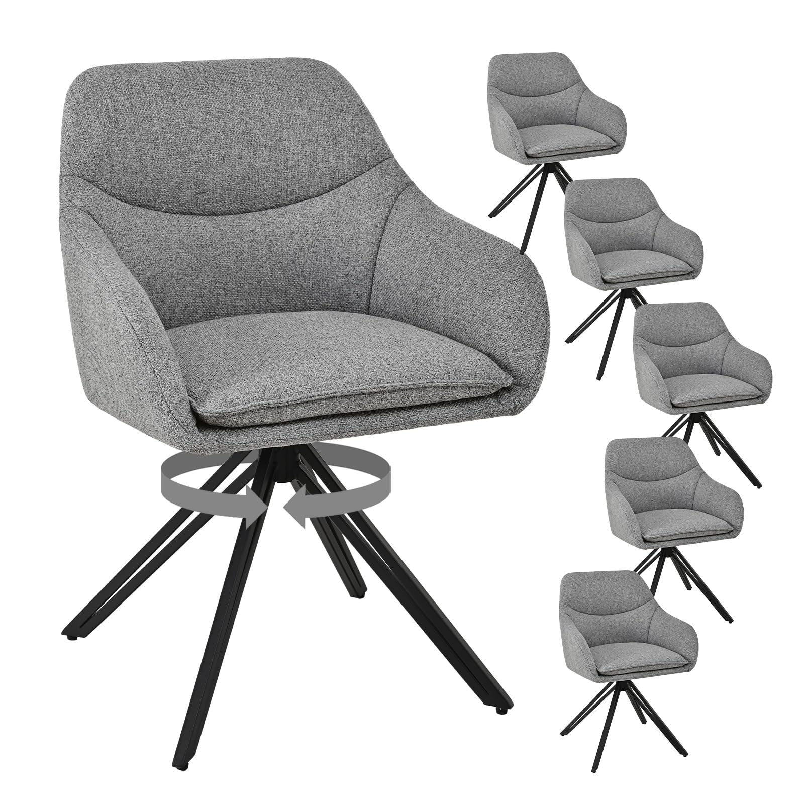 Esszimmerstühle Drehbar 6er Set mit Armlehne, Drehstuhl Esszimmer, Polsterstuhl, 360° drehbar, Küchenstuhl mit Metallbeine für Esszimmer, Büro, Taubengrau