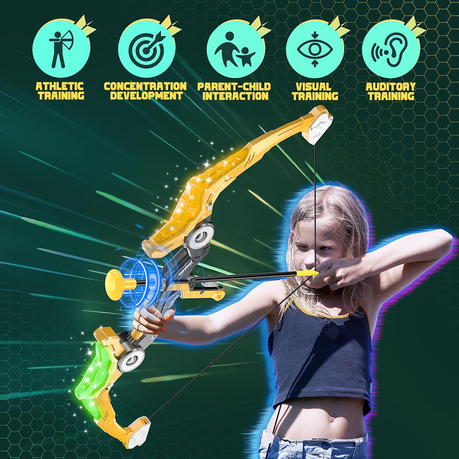 2 Pack Kids Bow and Arrow Set with Sound Effects & LED Flash Lights Achery Set, Indoor Outdoor Toys for Ages 4-8 8-12, Birthday Gifts for 3 4 5 6 7 8 9 10 11 12 Year Old Boys Girls Children, Yellow