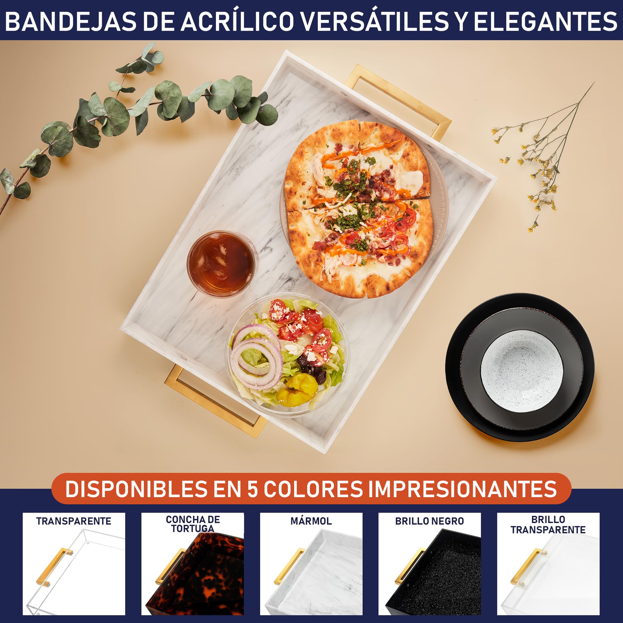 Bandeja para Servir de Acrílico con Asas Doradas, Bandejas Decorativas de 40,6 x 30,5 cm para Mesa de Café, Servidor de Bebidas a Prueba de Derrames, Cocina, Plato de Fiesta (Mármol)