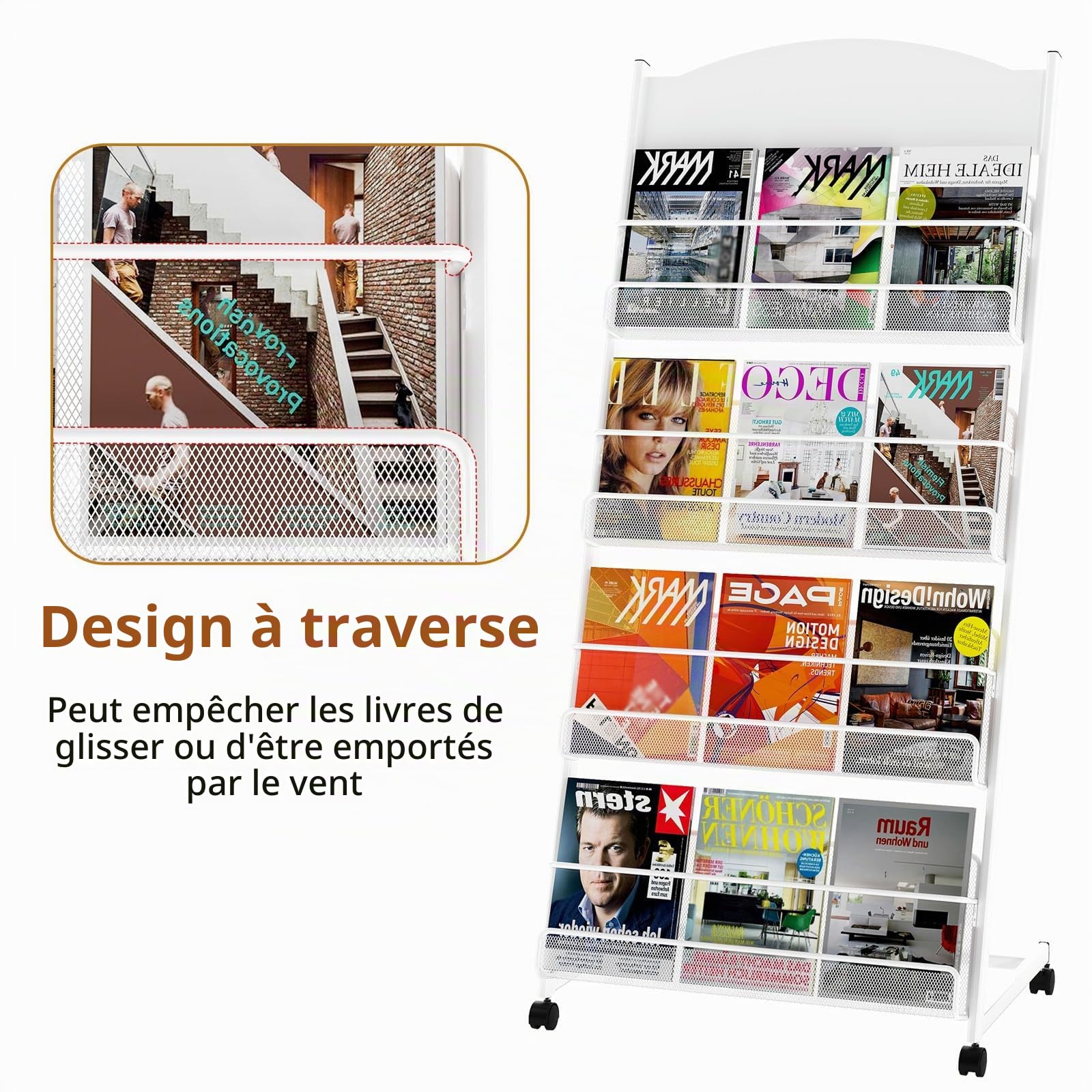 Présentoir à prospectus à 4 niveaux, porte-revues, support de littérature au sol, grand porte-brochures en acier, porte-revues A4 avec roulettes, pour zone de réception publique
